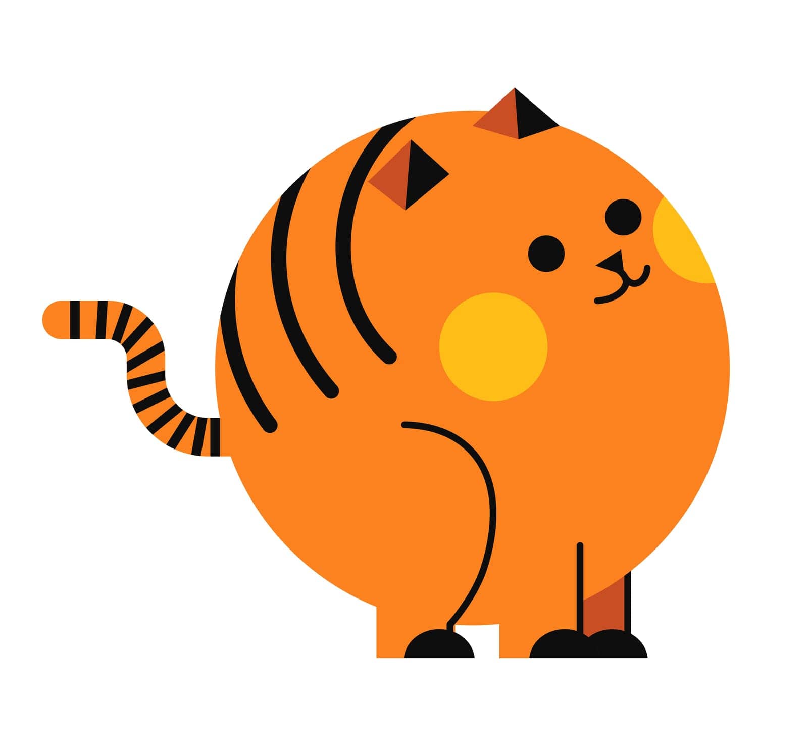 Cat or kitty personage in form of circle. Rounded feline character with paws and stripes tail, muzzle expressions and ears. Geometric shapes for kids learning geometry. Vector in flat styles