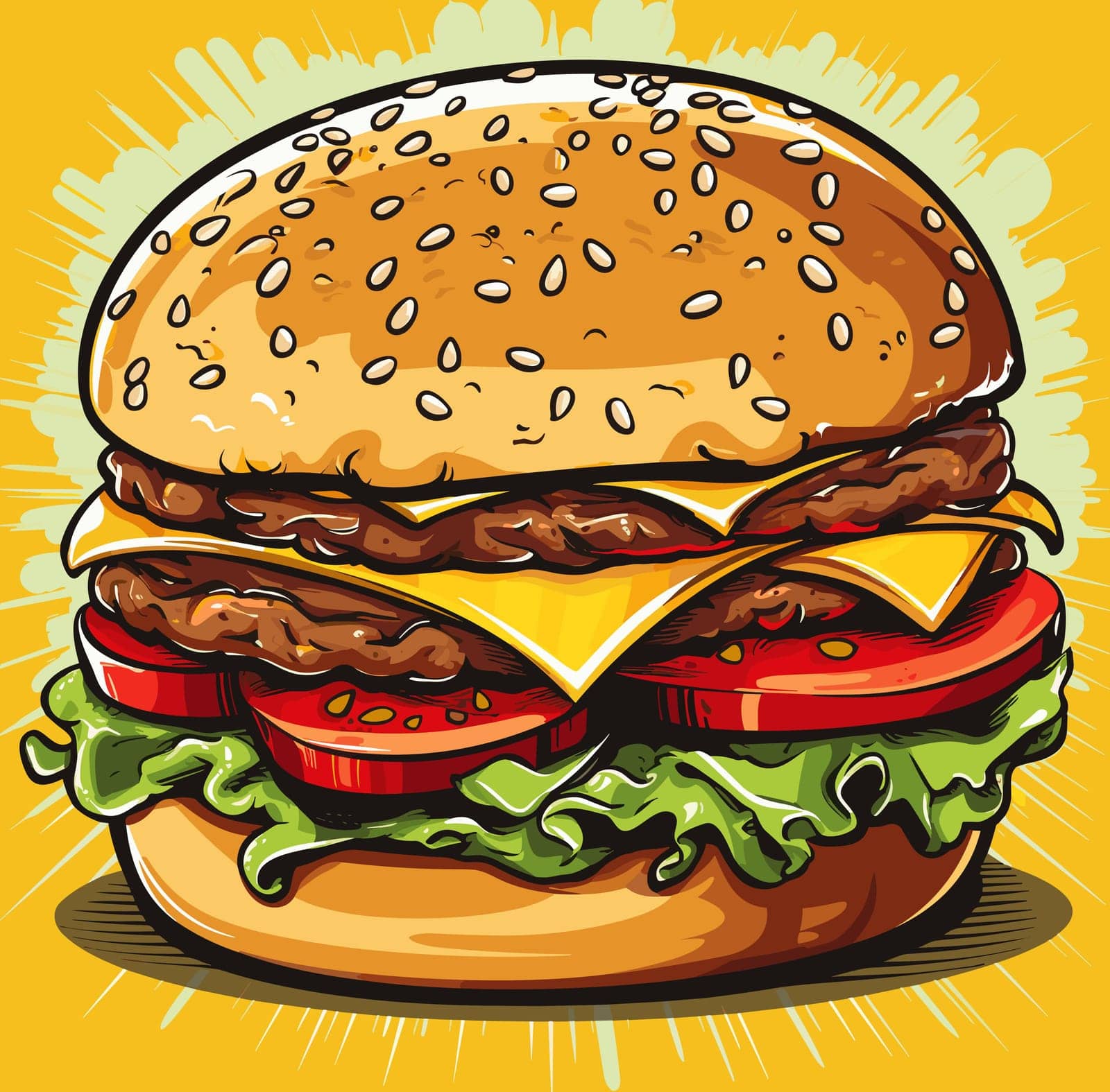 A large hamburger with two patties, greens, and cheese, presented in a vibrant pop art illustration