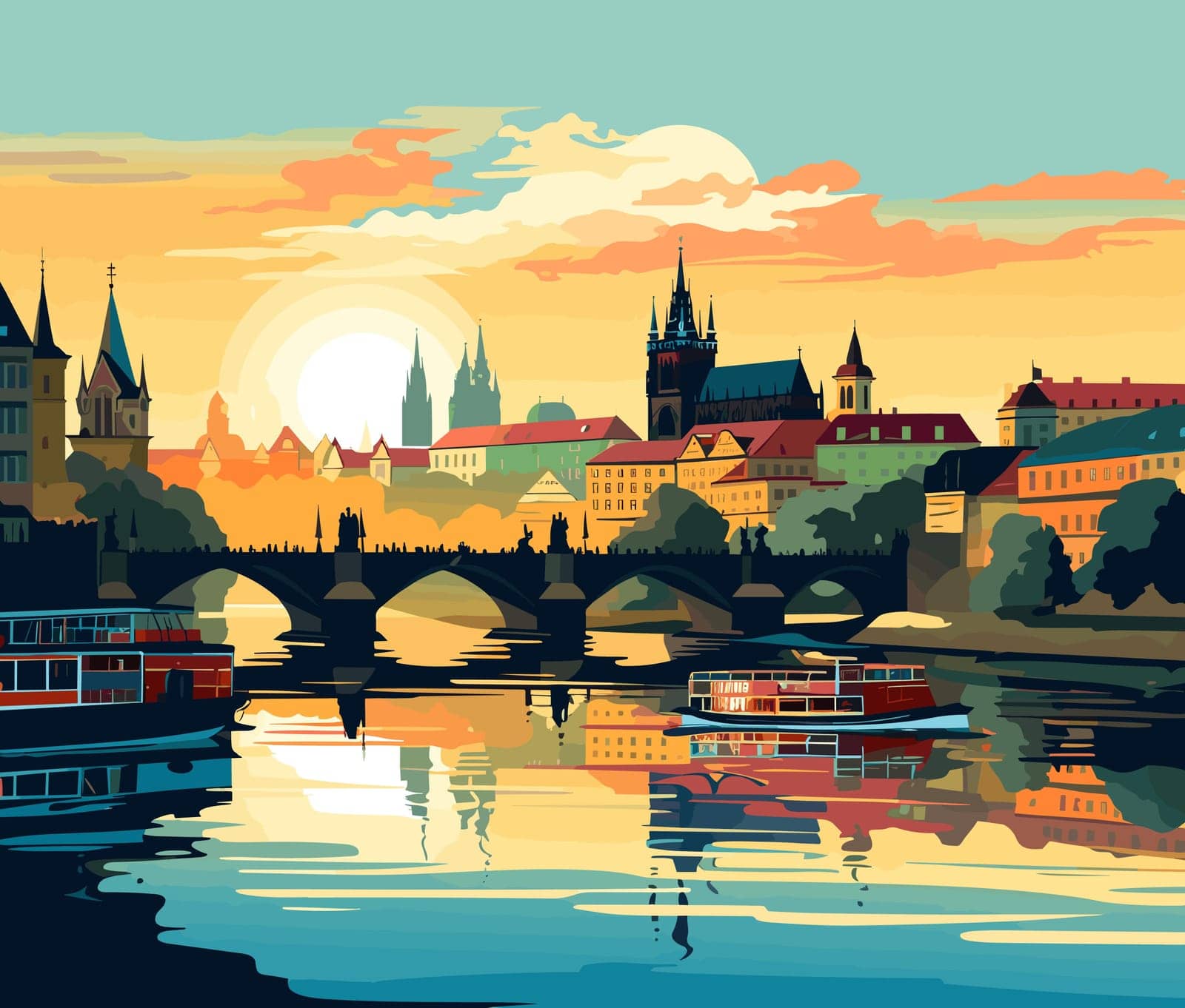 Prague cityscape at sunset, Czech Republic. Vector illustration