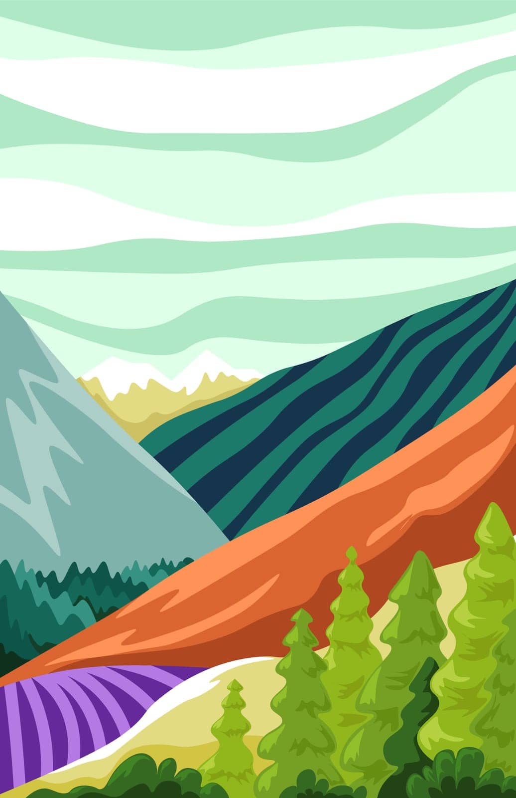 Nature landscape with mountains range and forests, cloudscape and fields. Natural serenity and tranquility, rural area countryside location for tourists and hikers. Vector in flat style illustration