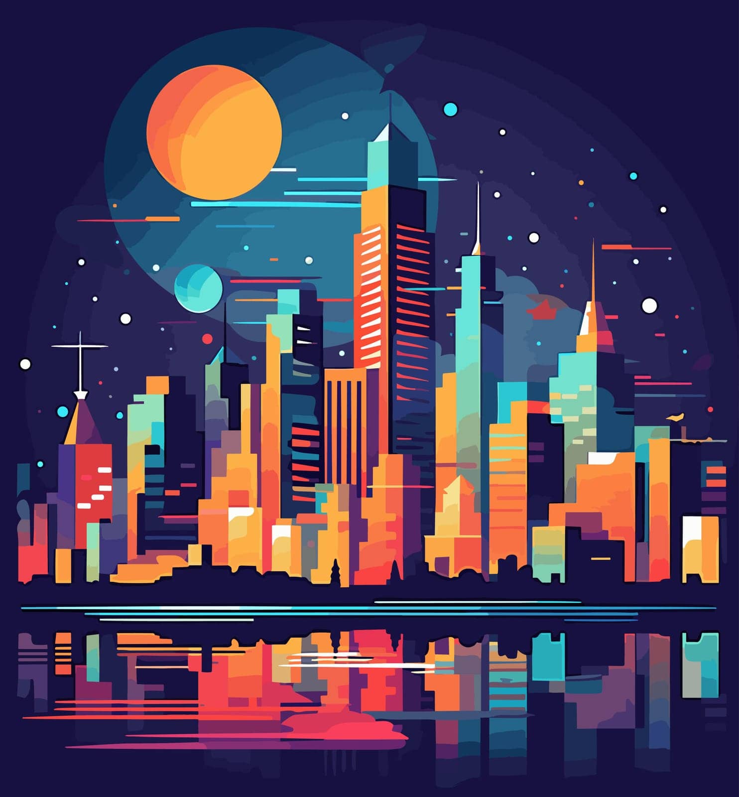 Moonlit cityscape with skyscrapers by gcm
