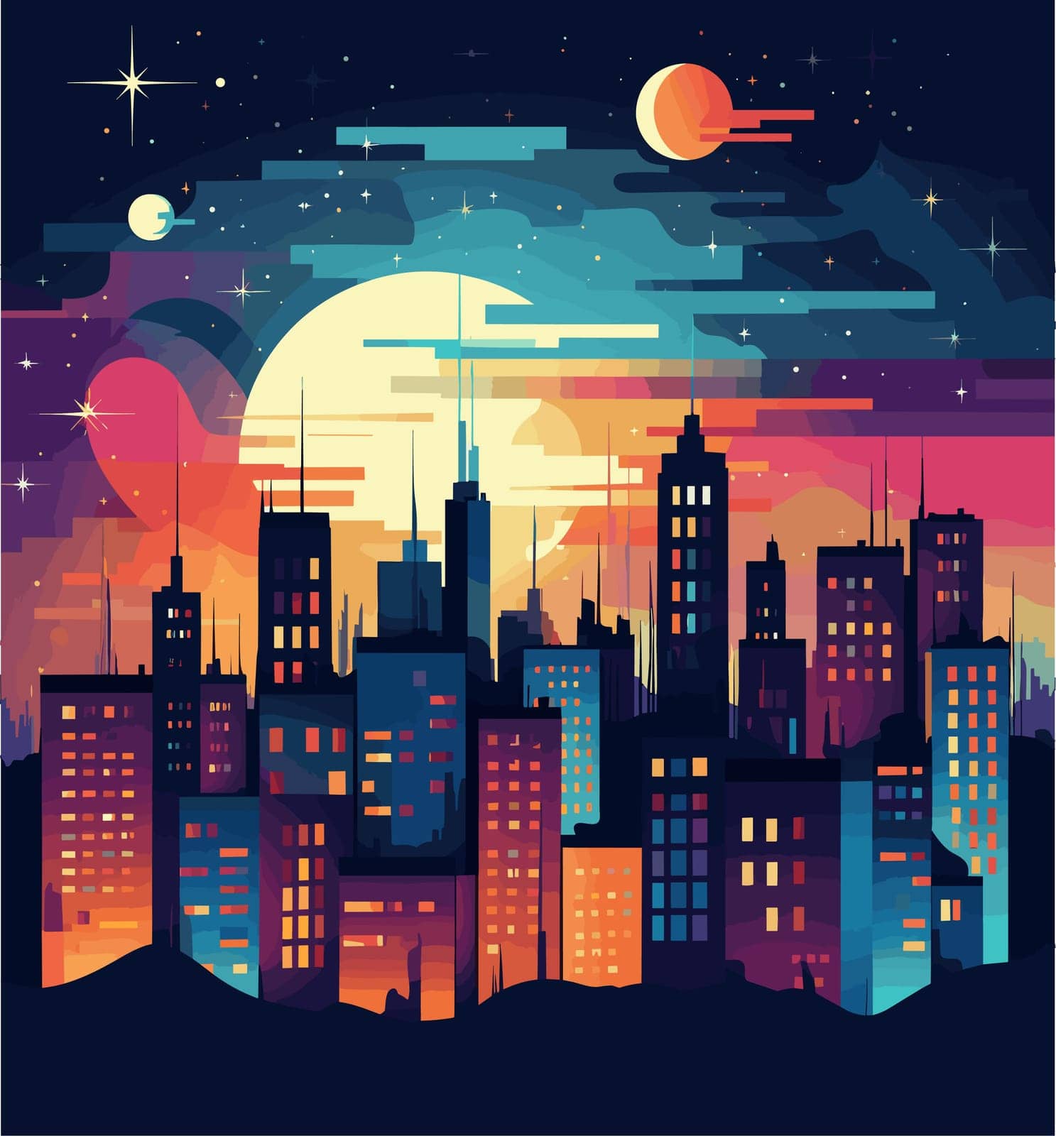 Moonlit cityscape vector illustration by gcm