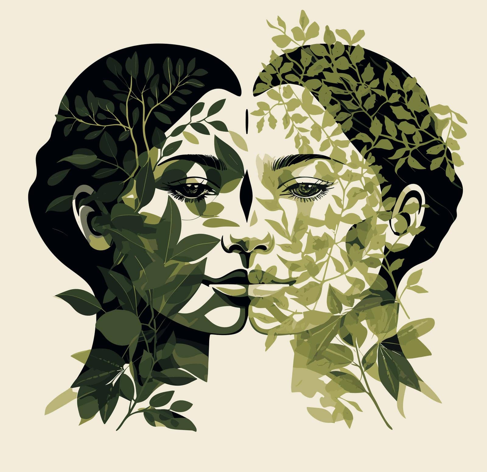 Beautiful woman face with leaves. Vector illustration for cosmetics and spa