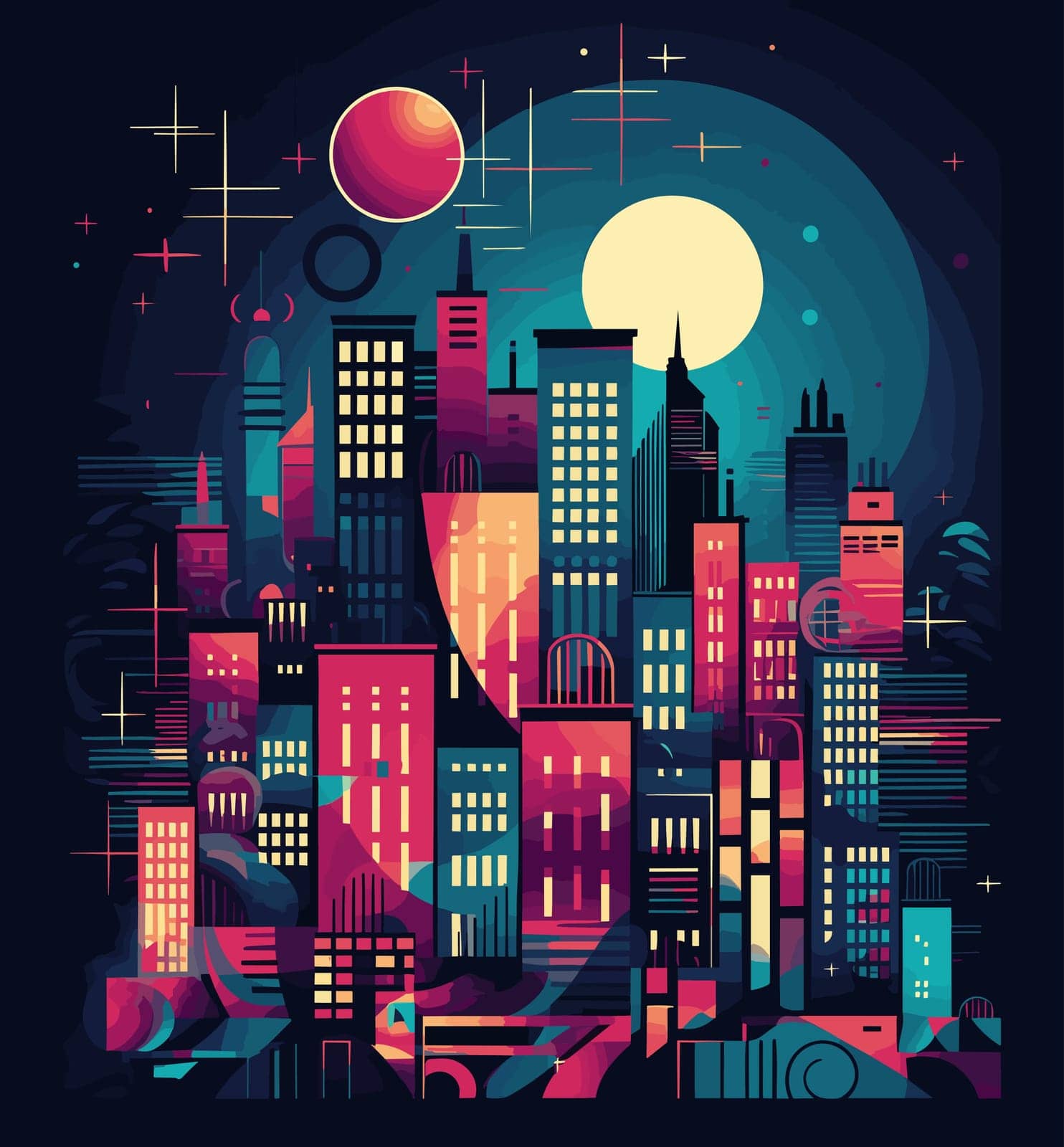 Cityscape with buildings, skyscrapers and moon. Vector illustration