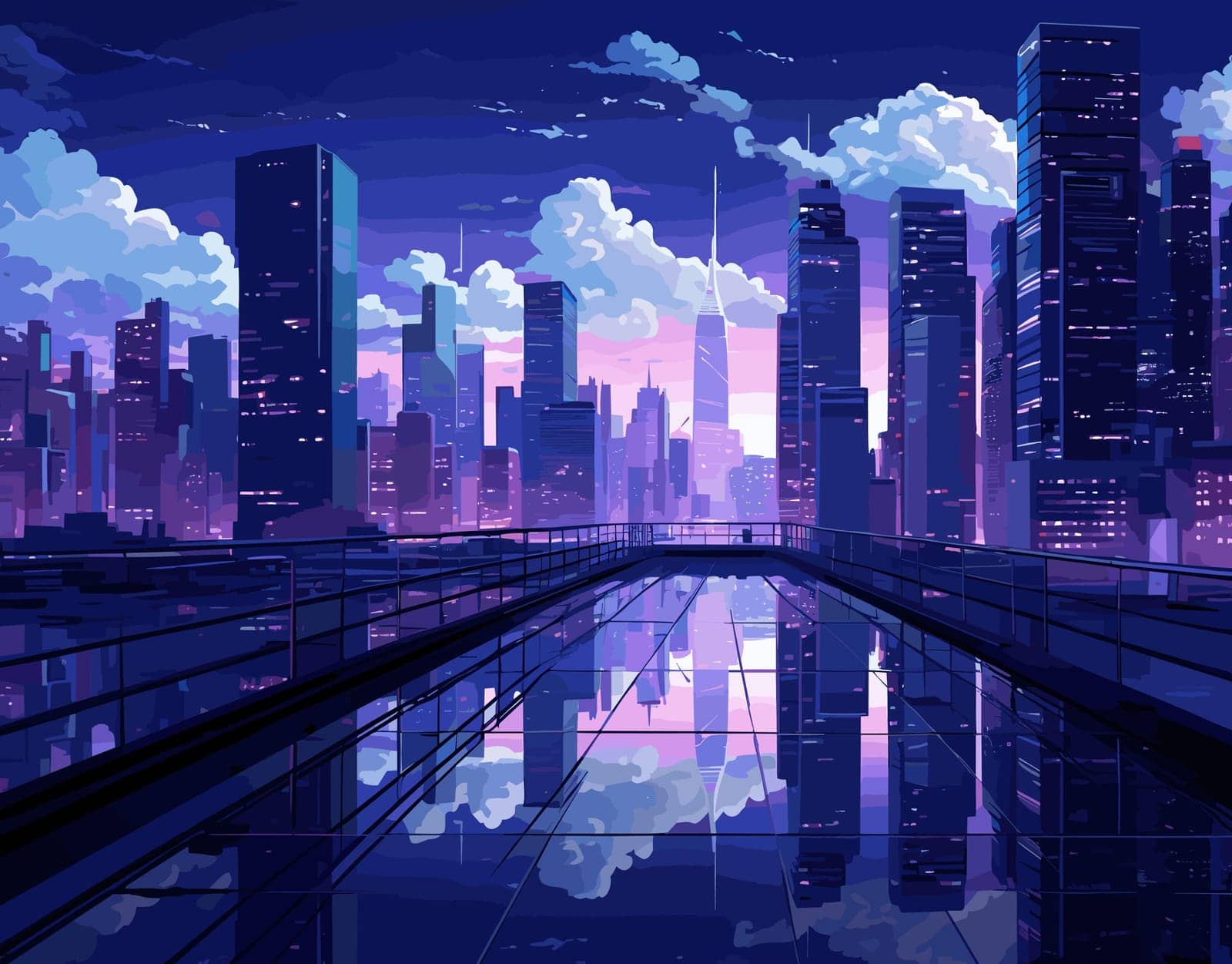 Digital illustration showcases a cityscape during twilight from an elevated walkway perspective, emphasizing skyscrapers, reflections, and clouds