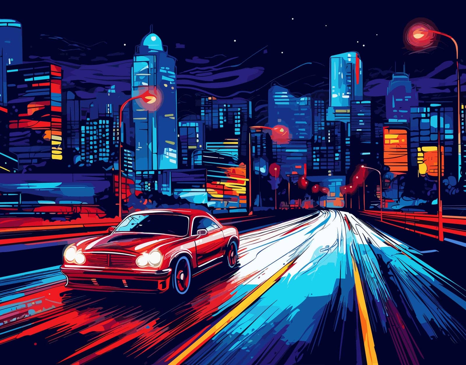 Night city road with cars and skyscrapers. Vector illustration