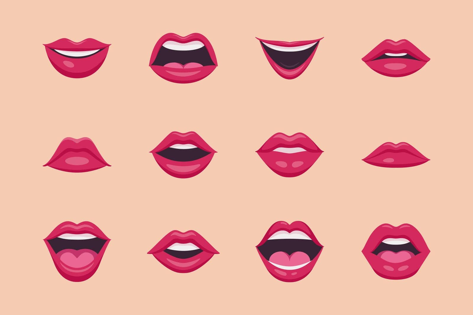 Flat Vector Red Female Lips Icon Set Closeup. Woman Lips, Different Expressions, Emotions. Smile, Kiss, Beauty Concept. Modern Pop Art Cartoon Comic Style, Simple Design.