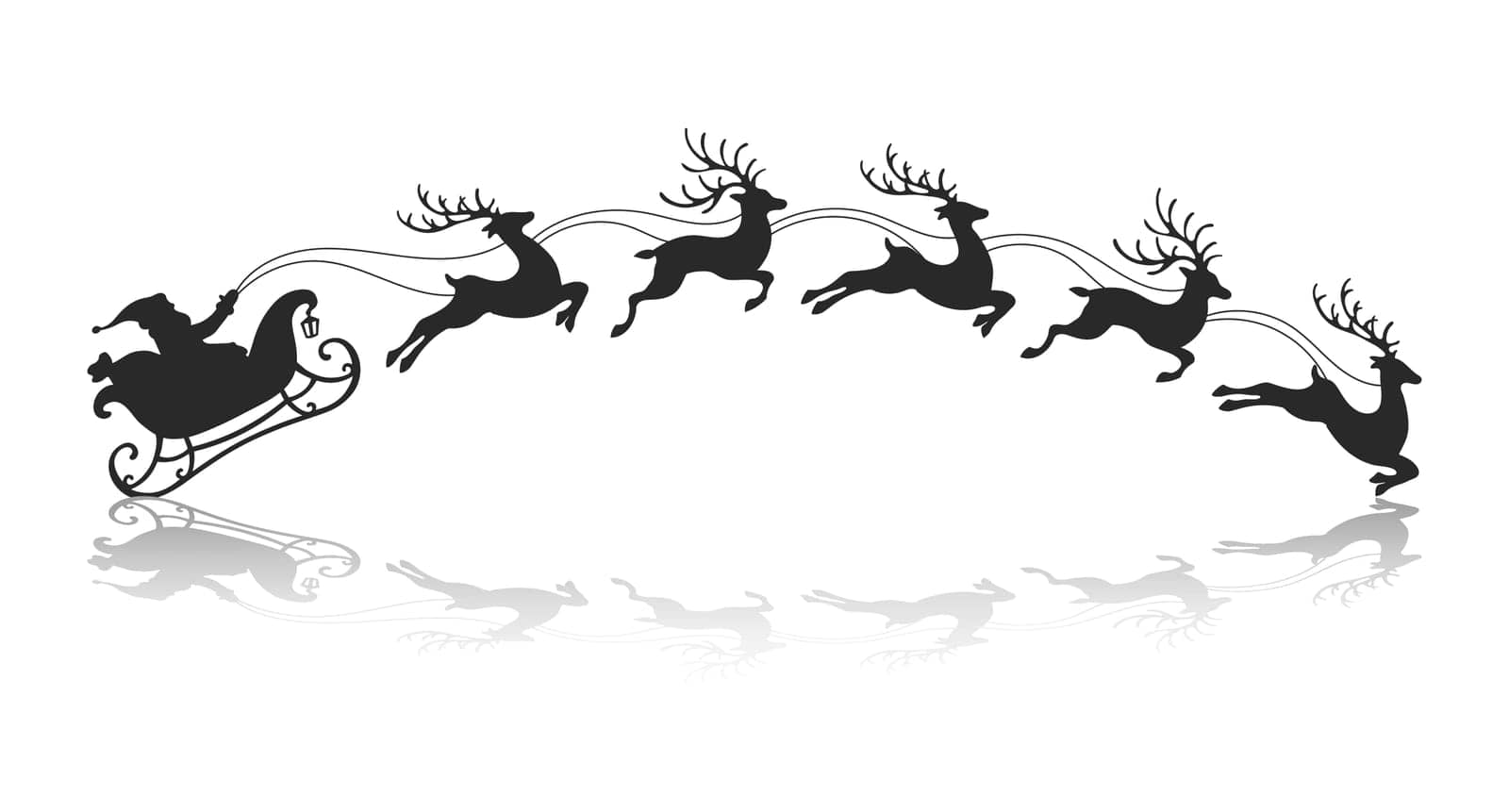 Santa on a sleigh with reindeers, silhouette with reflection on a white background. Winter illustration, vector