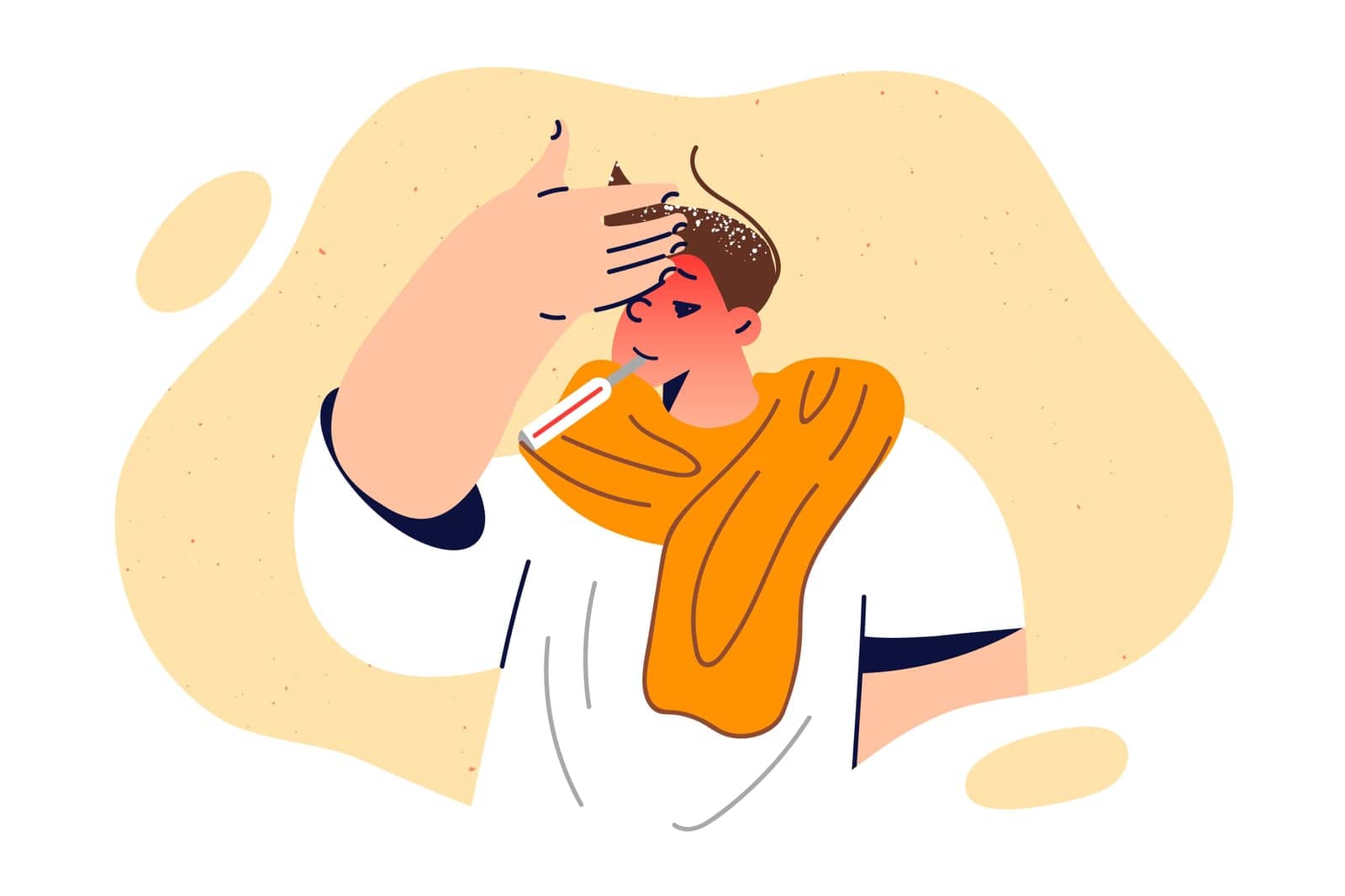 Sick boy suffers from fever and holds thermometer in mouth with hand on forehead. by Vasilyeu