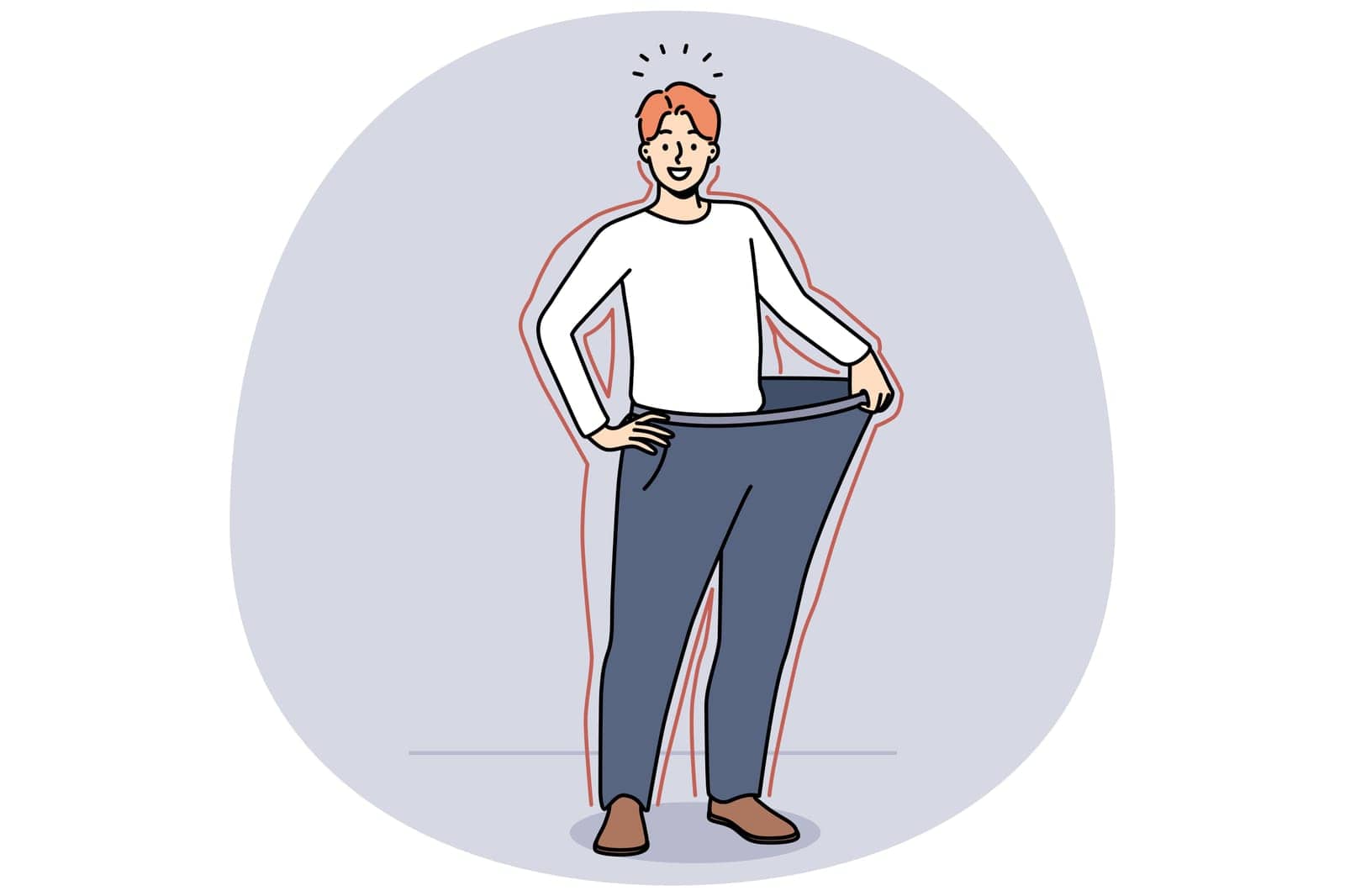 Smiling young man in loose pants show results of diet. Happy slim guy demonstrate nutrition result and weight loss. Vector illustration.