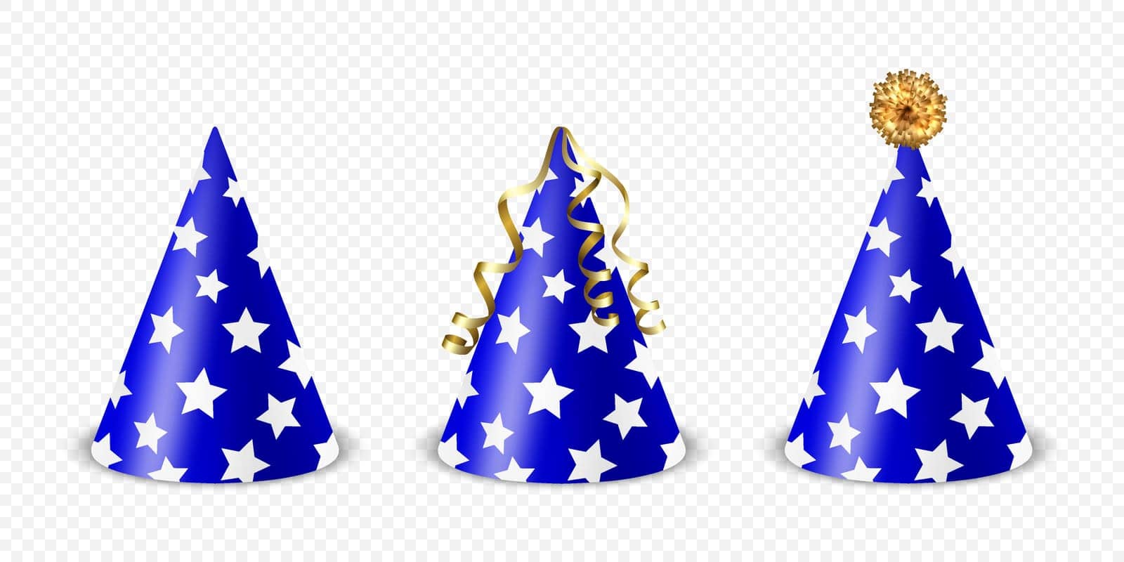 Vector 3d Realistic Blue and White Birthday Party Hat Icon Set Isolated on White Background. Party Cap Design Template for Party Banner, Greeting Card. Holiday Hats, Cone Shape, Front View.