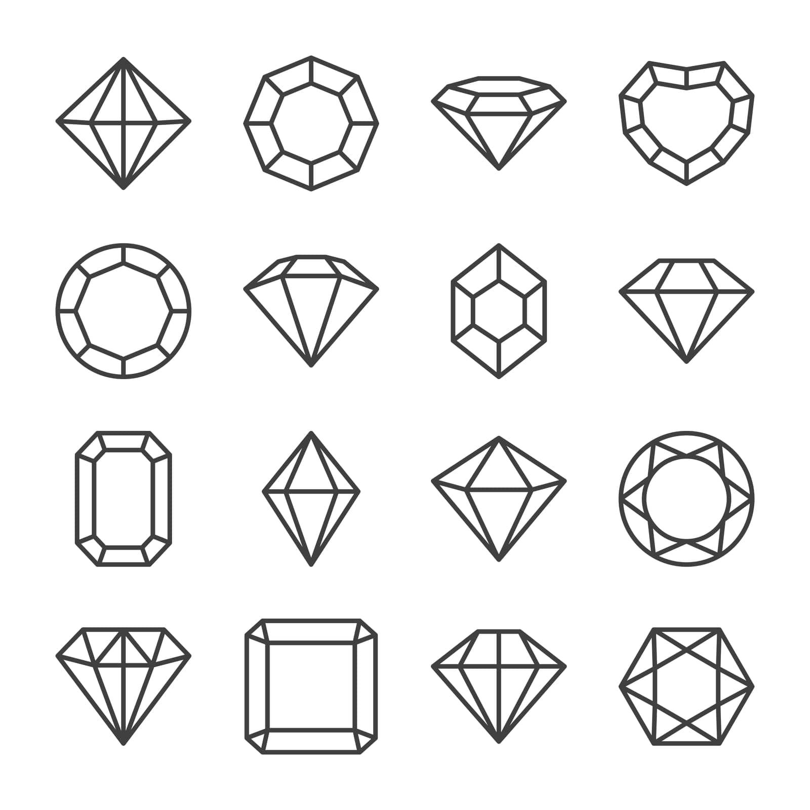 Vector Flat Simple Minimalistic Linear Black and White Gemstone Icons Set. Diamond, Crystal, Rhinestones Closeup Isolated. Jewerly Concept. Design Template of Gemstones, Gem Clipart. Top, Front View by Gomolach