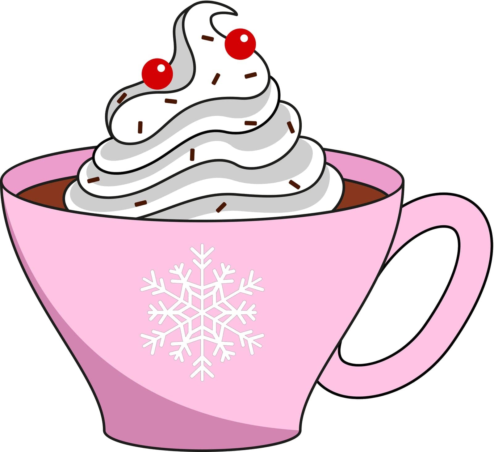 Hot chocolate in a pink mug with whipped cream, decorated with chocolate sprinkles. Christmas drink vector illustration.