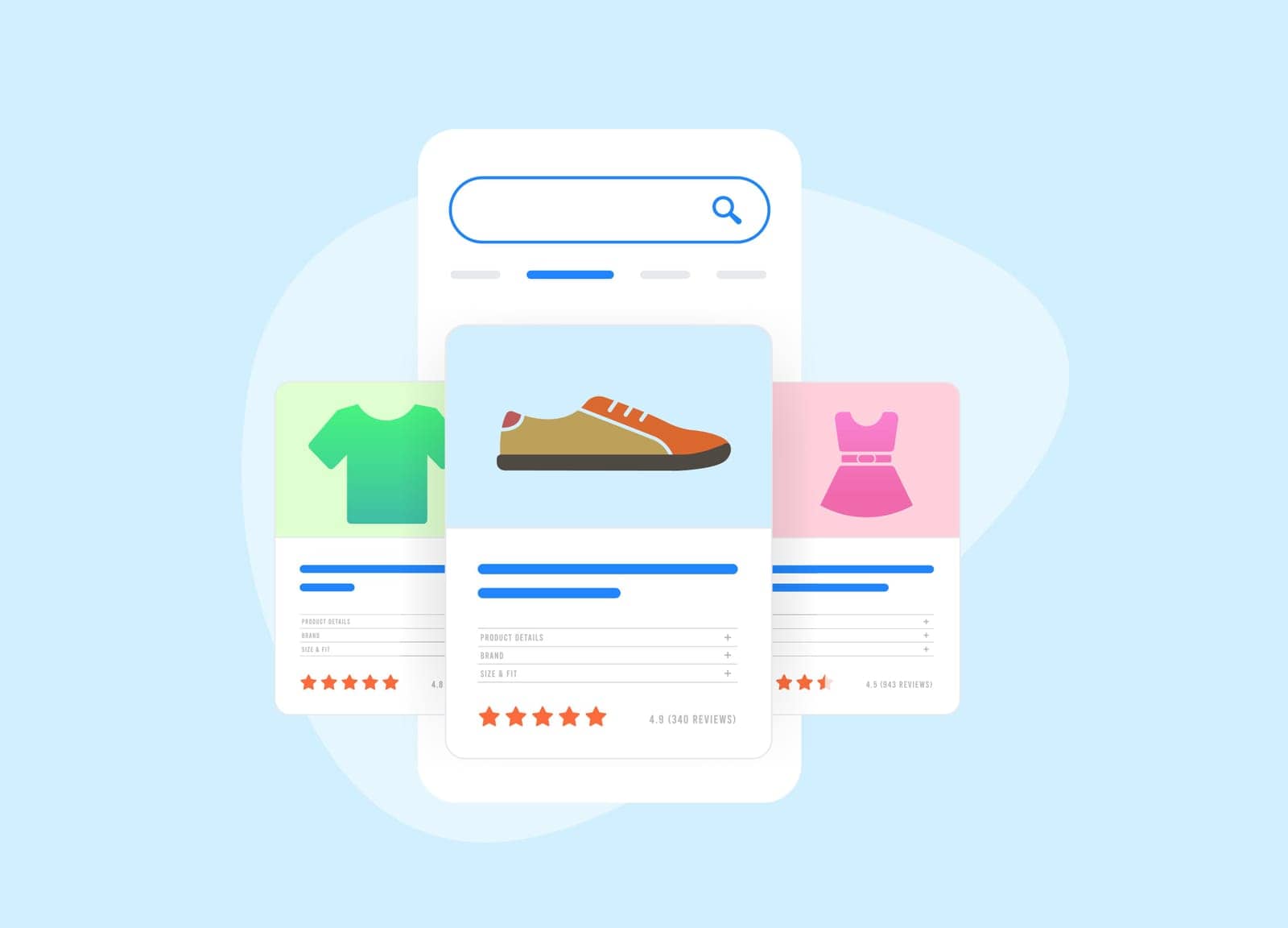 Shopping tab listings - search feature for finding and comparing online products, offering price, seller information, product results on top of search pages. Vector illustration on blue background.