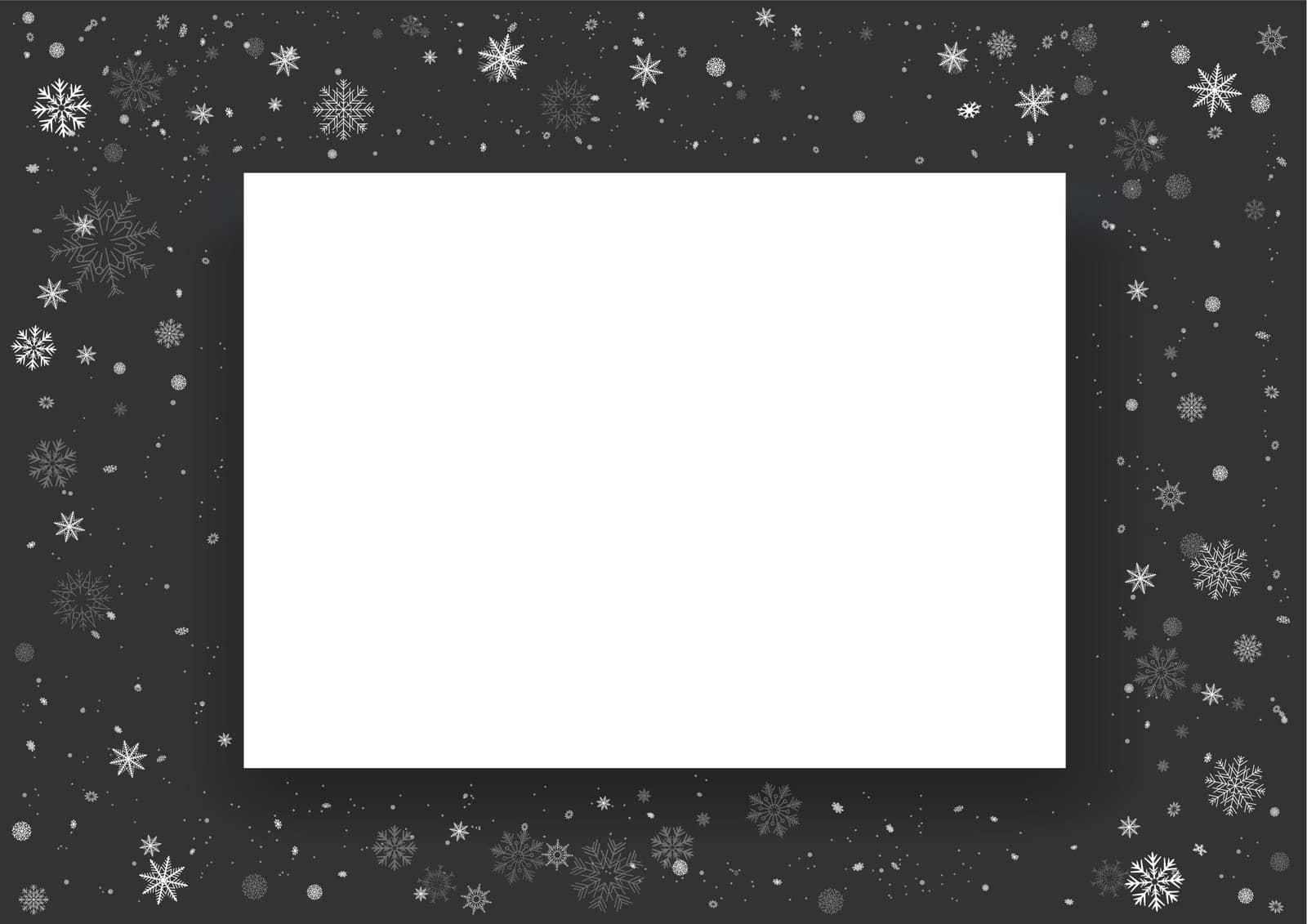 Christmas snow photo frame dark template with shadow. Winter Holiday snowfall season snapshot background. Seasonal picture decoration backdrop