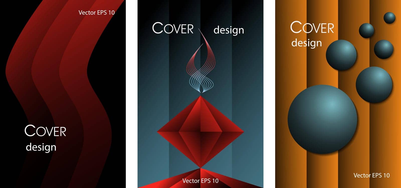 Set of abstract shapes. Posters in red, black and blue colors.
Red wave, abstract altar, balls on a striped background. Suitable for banners, posters, web, social networks, email, print, etc. Vector EPS 10