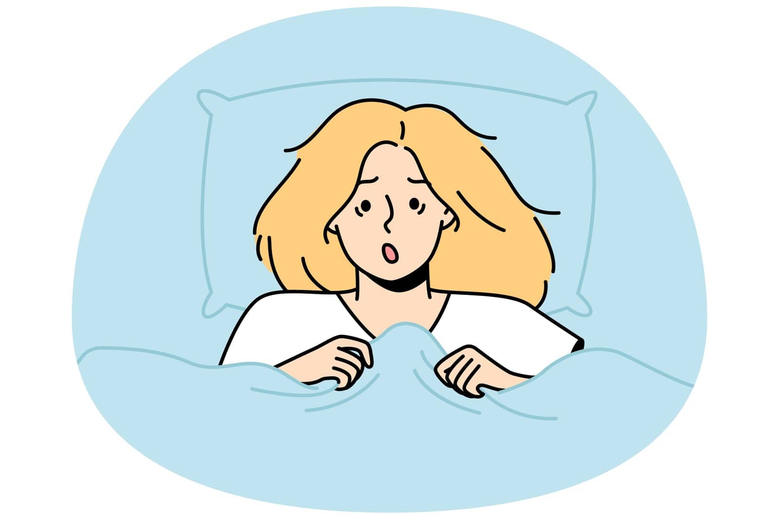 Portrait of shocked blonde lying in bed at home. Astonished woman peeks out from blanket. Girl woke up in horror after nightmare in dream. Insomnia vector outline illustration isolated on blue.