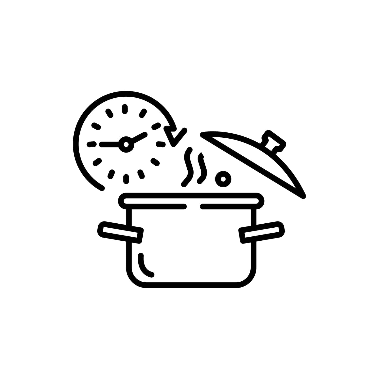 Cooking time icon, fast prepare meal, timer cook food, pan with clock, thin line web symbol on white background