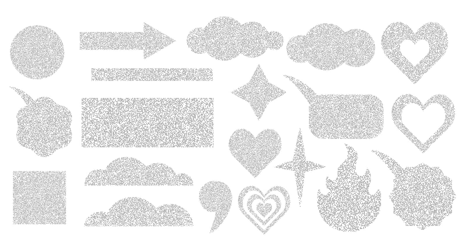 Set of shapes made of grainy sandy texture. Grainy noise template, grunge effect. Star heart arrow square fire rectangle circle quotes cloud speech bubble. Vector illustration.