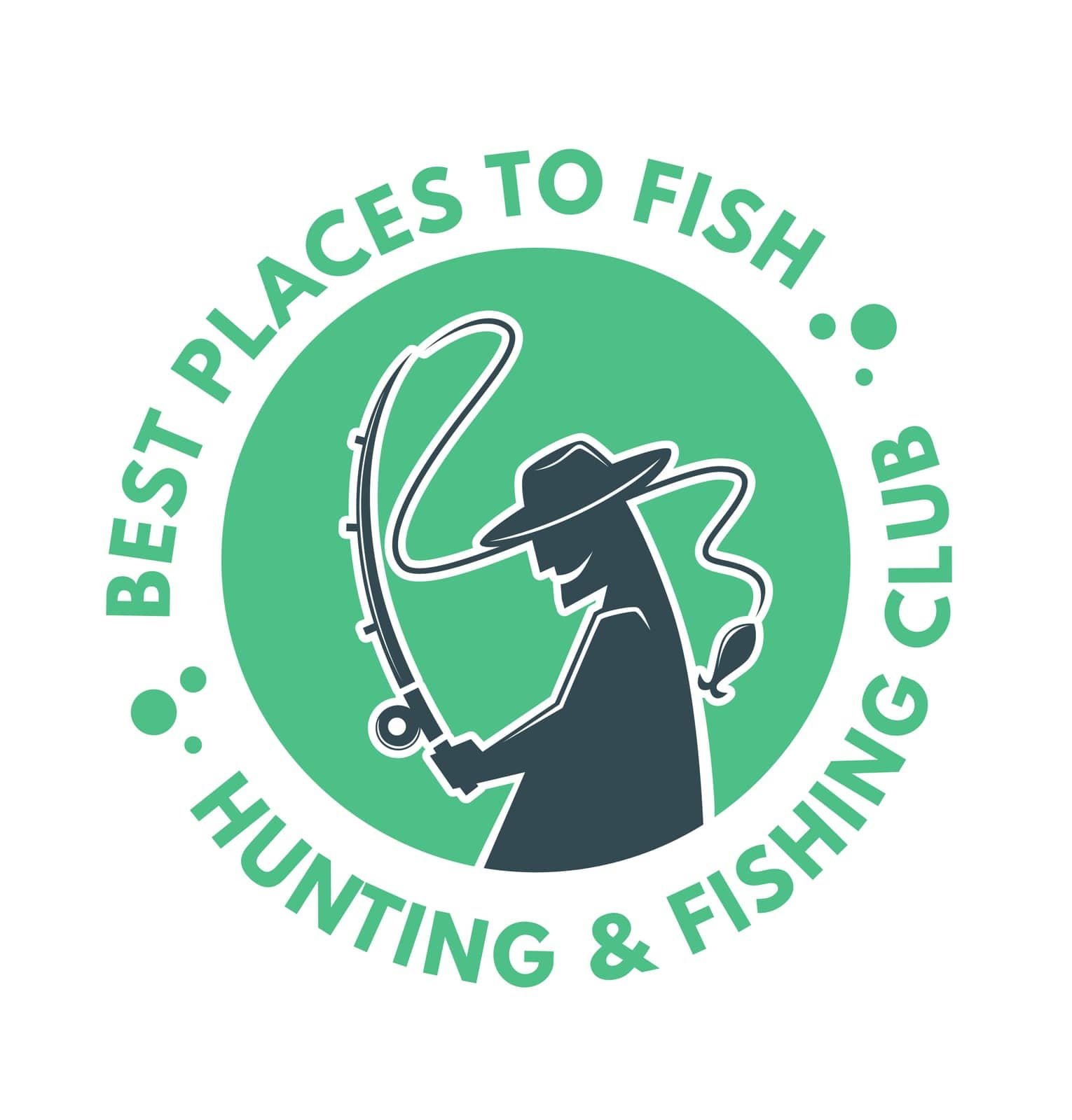Man with fishing rod. Best places for fishing and hunting in region. Outdoor recreation and fun. Ecologically clean territory. Promotional banner or label, emblem or sticker. Vector in flat style