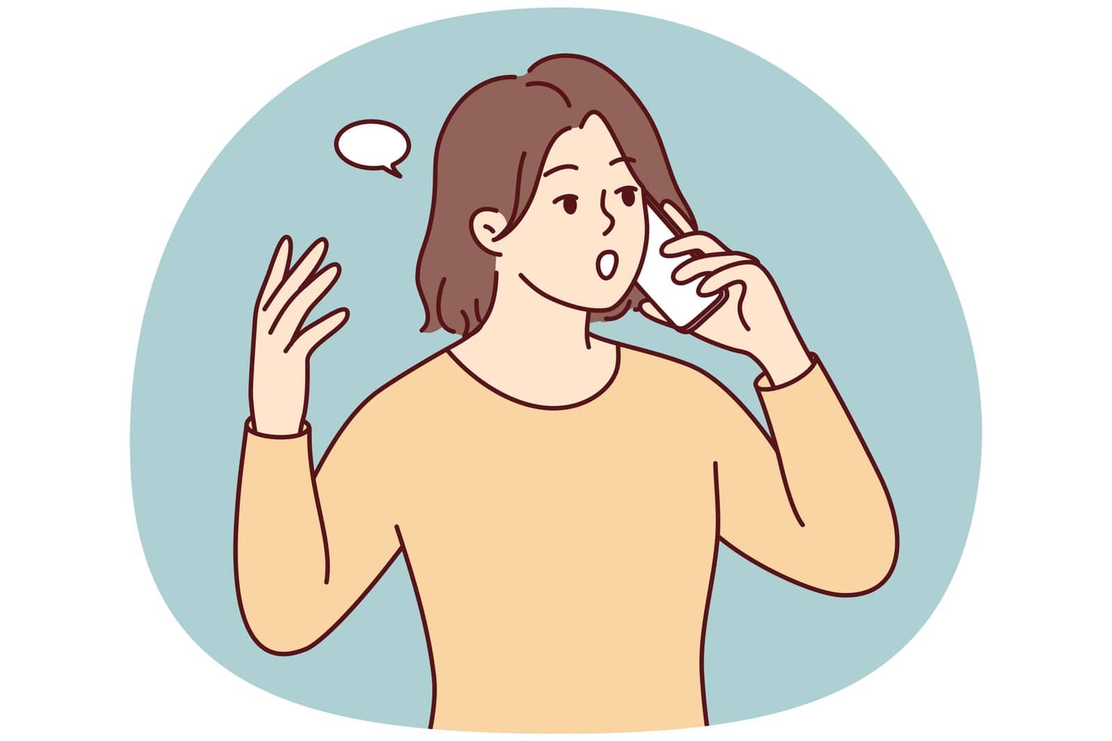 Young woman talking on cellphone shocked with unexpected news. Female have smartphone call surprised with message. Vector illustration.