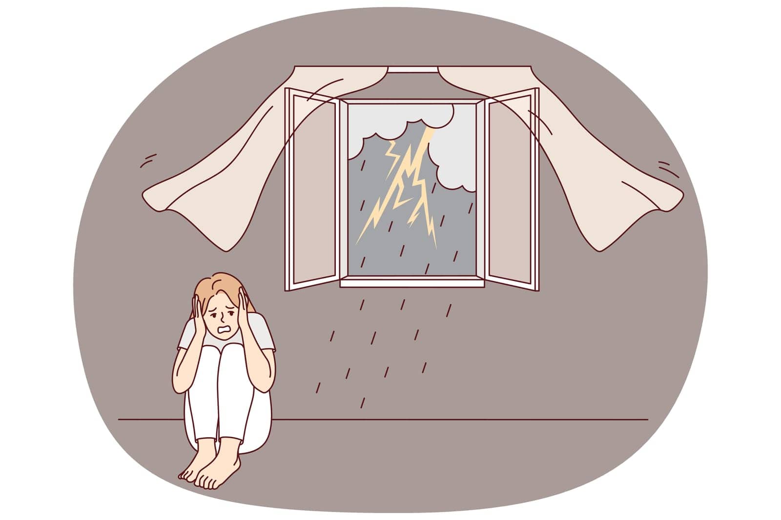 Scared girl sitting on floor afraid of storm outdoors. Terrified young woman feel stressed and frightened of lightning and thunderstorm. Vector illustration.