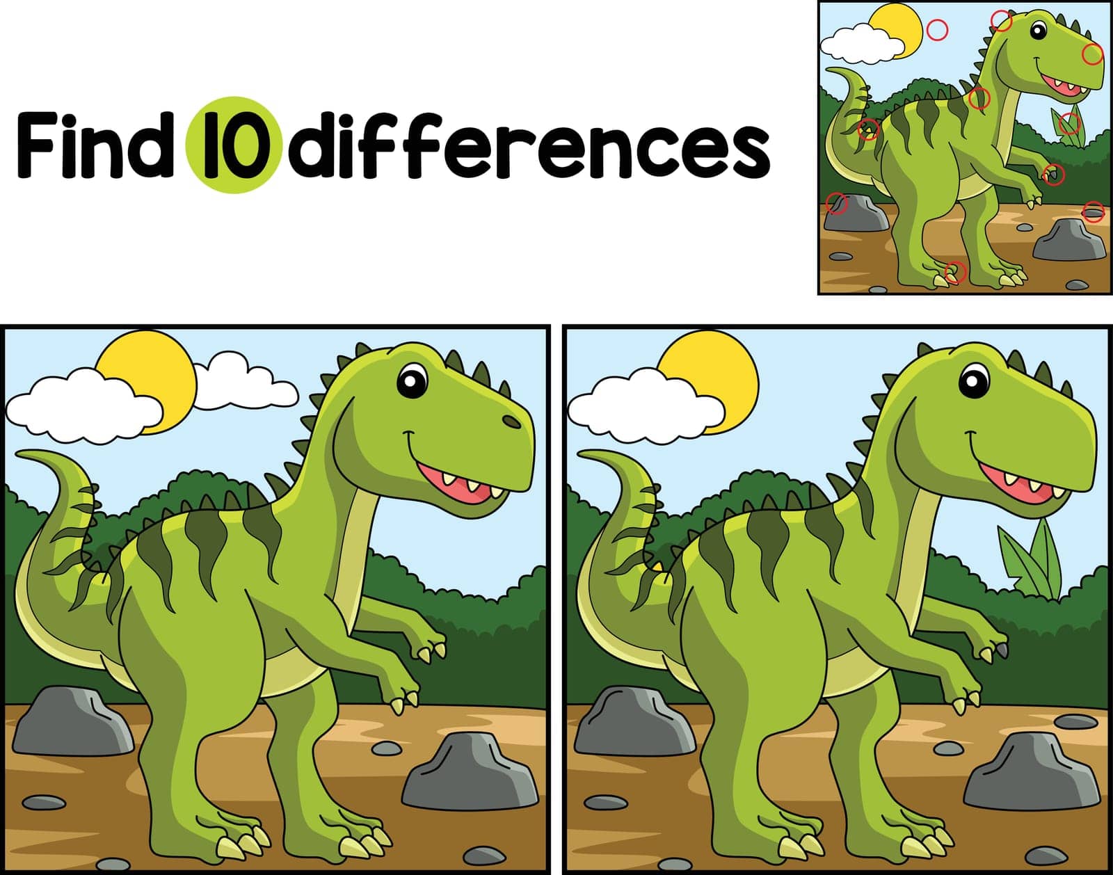 Find or spot the differences on this Giganotosaurus Dinosaur Kids activity page. It is a funny and educational puzzle-matching game for children.
