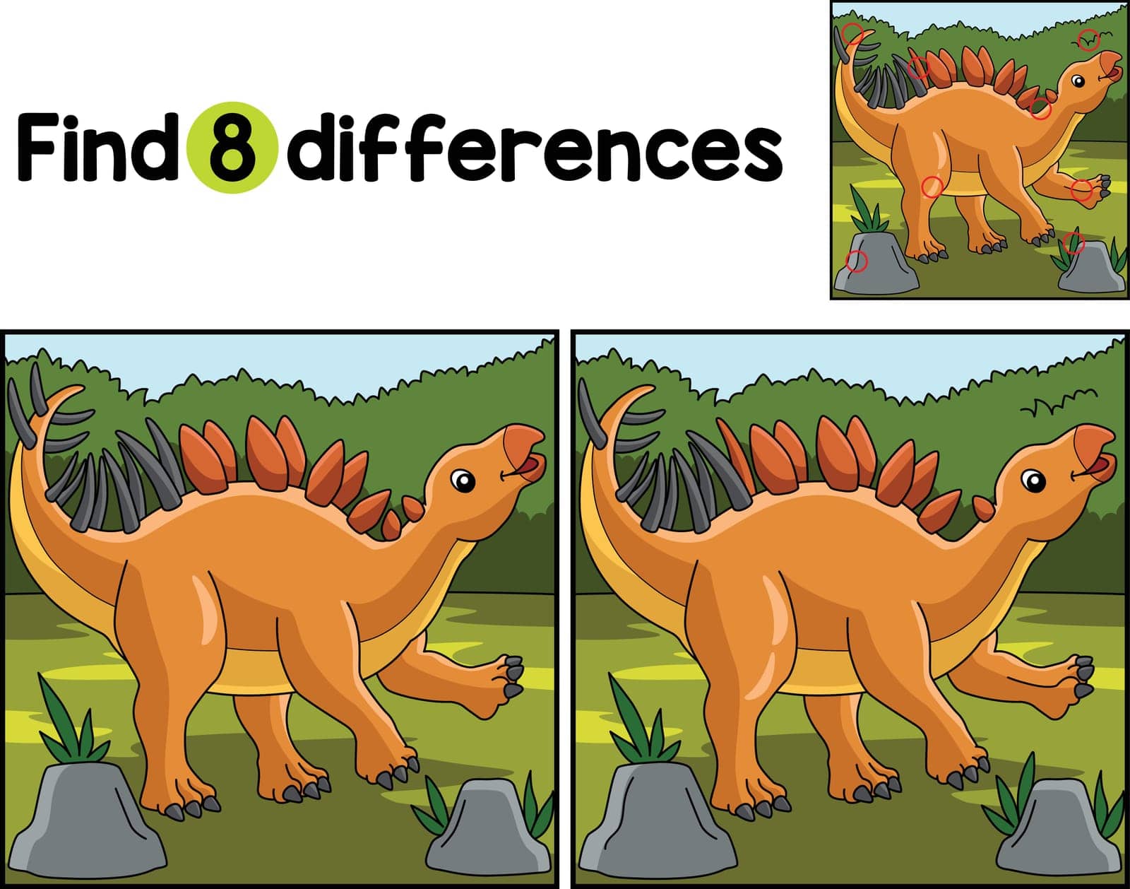 Find or spot the differences on this Kentrosaurus Dinosaur Kids activity page. It is a funny and educational puzzle-matching game for children.