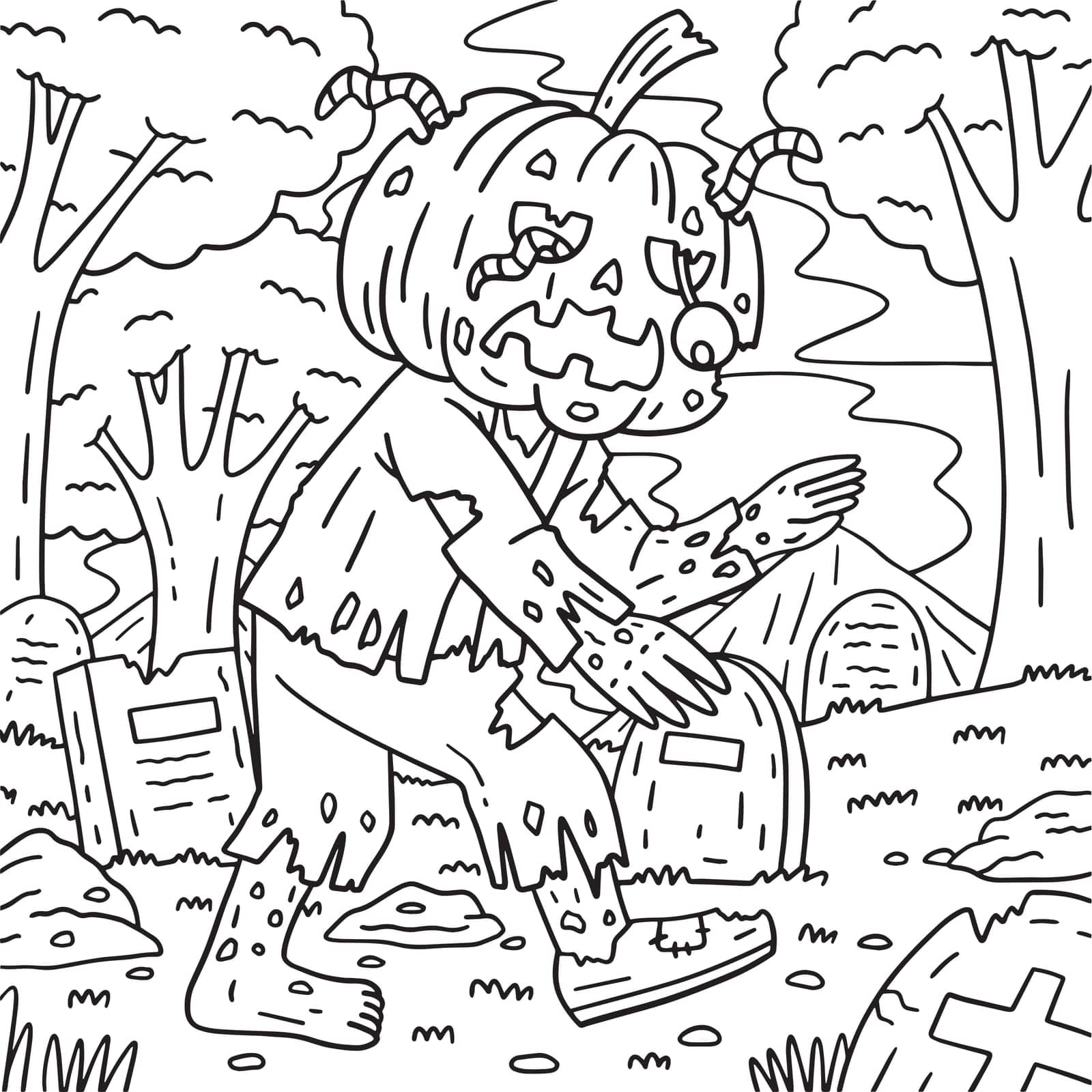 Zombie in a Pumpkin Head Coloring Pages for Kids by abbydesign