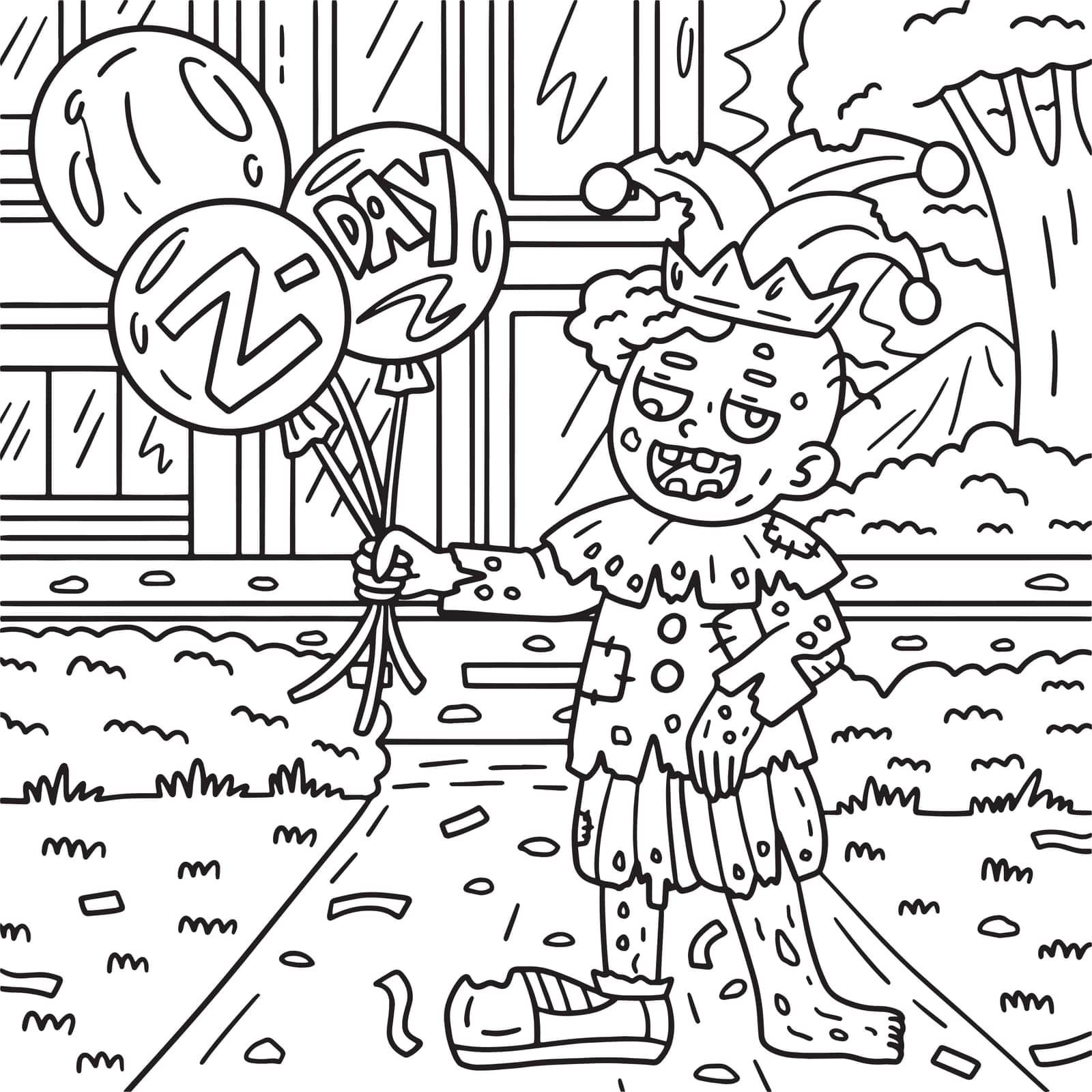 Zombie Clown with Balloons Coloring Pages for Kids by abbydesign