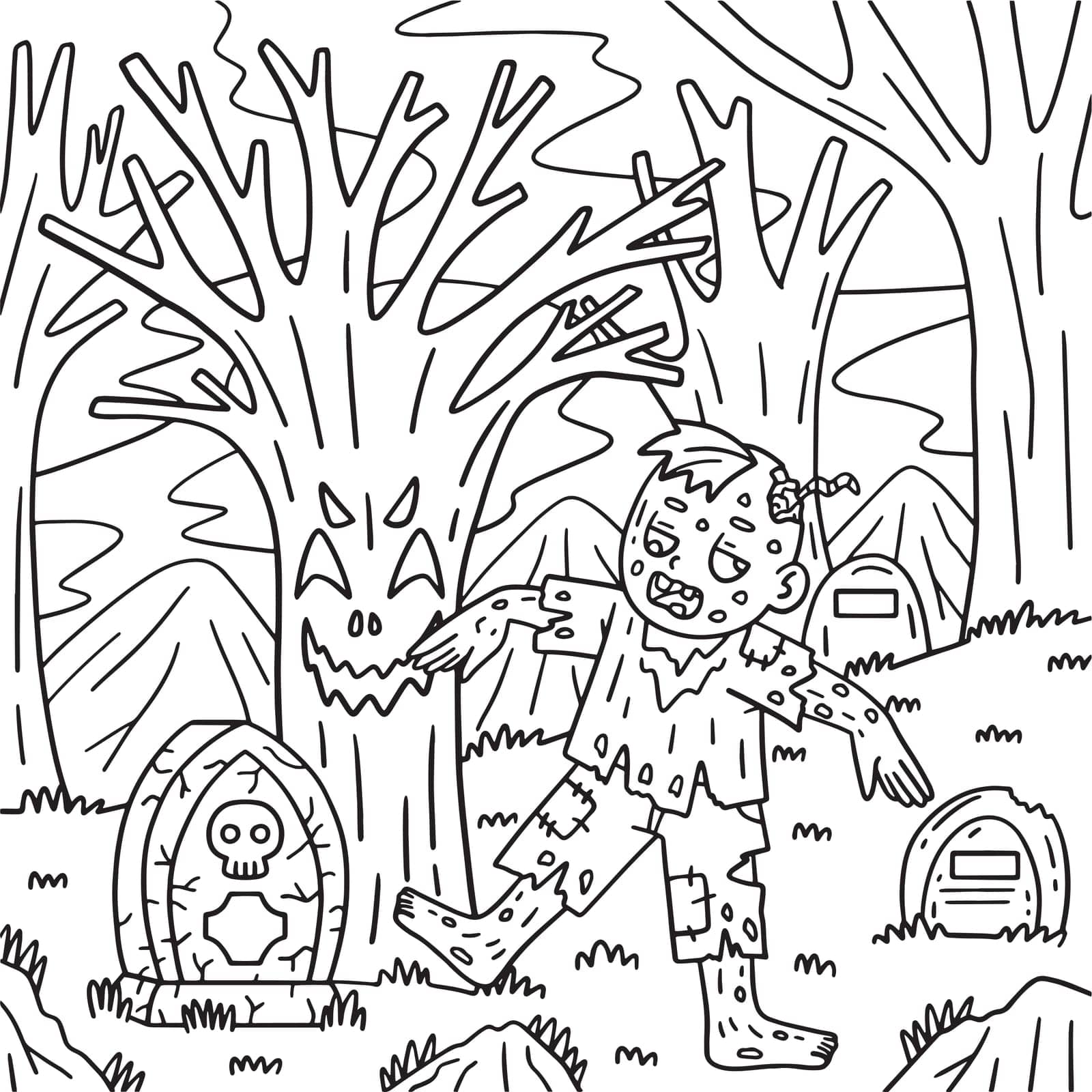 Zombie under a Spooky Tree Coloring Pages for Kids by abbydesign