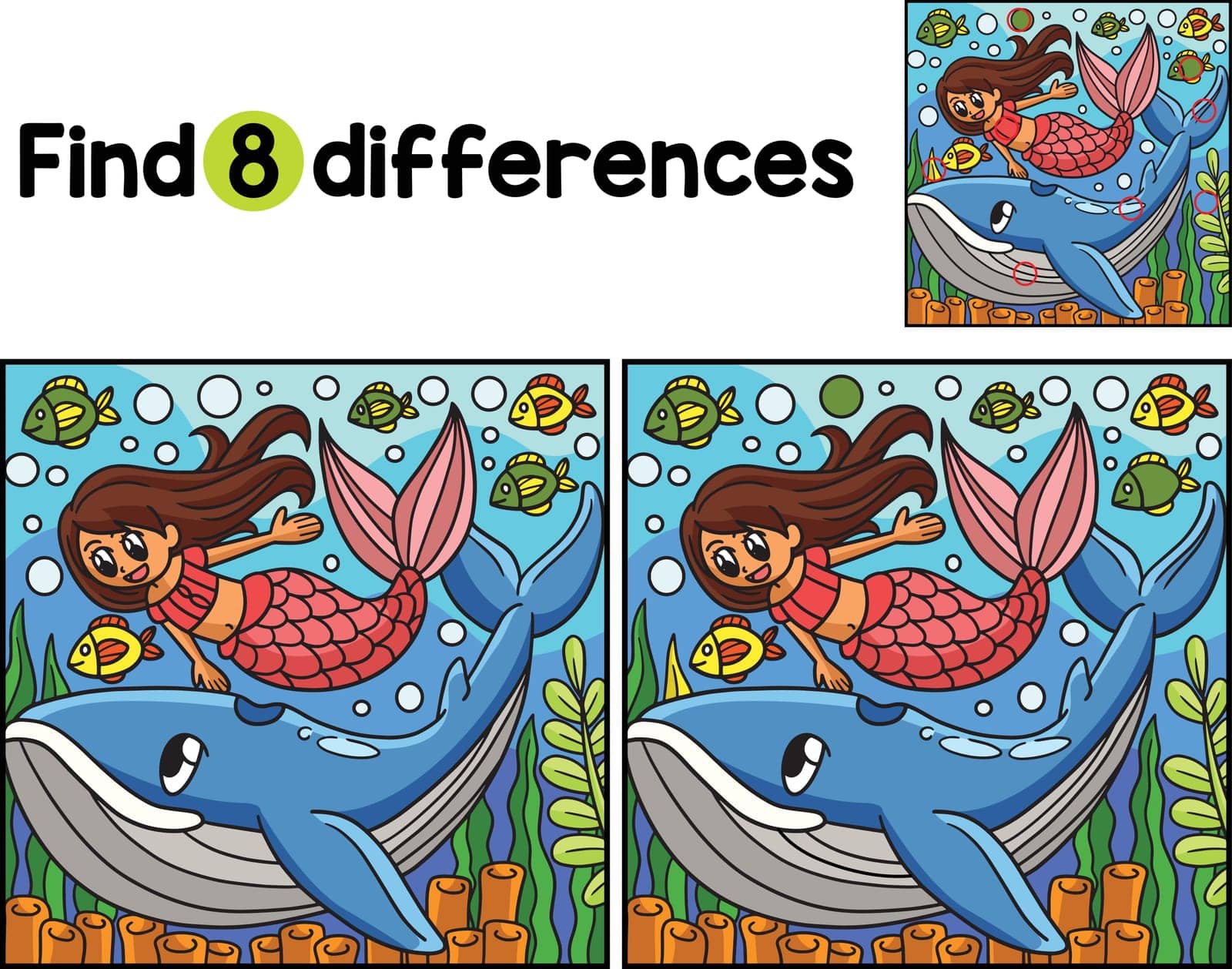 Find or spot the differences on this Mermaid With Whale kids activity page. It is a funny and educational puzzle-matching game for children.