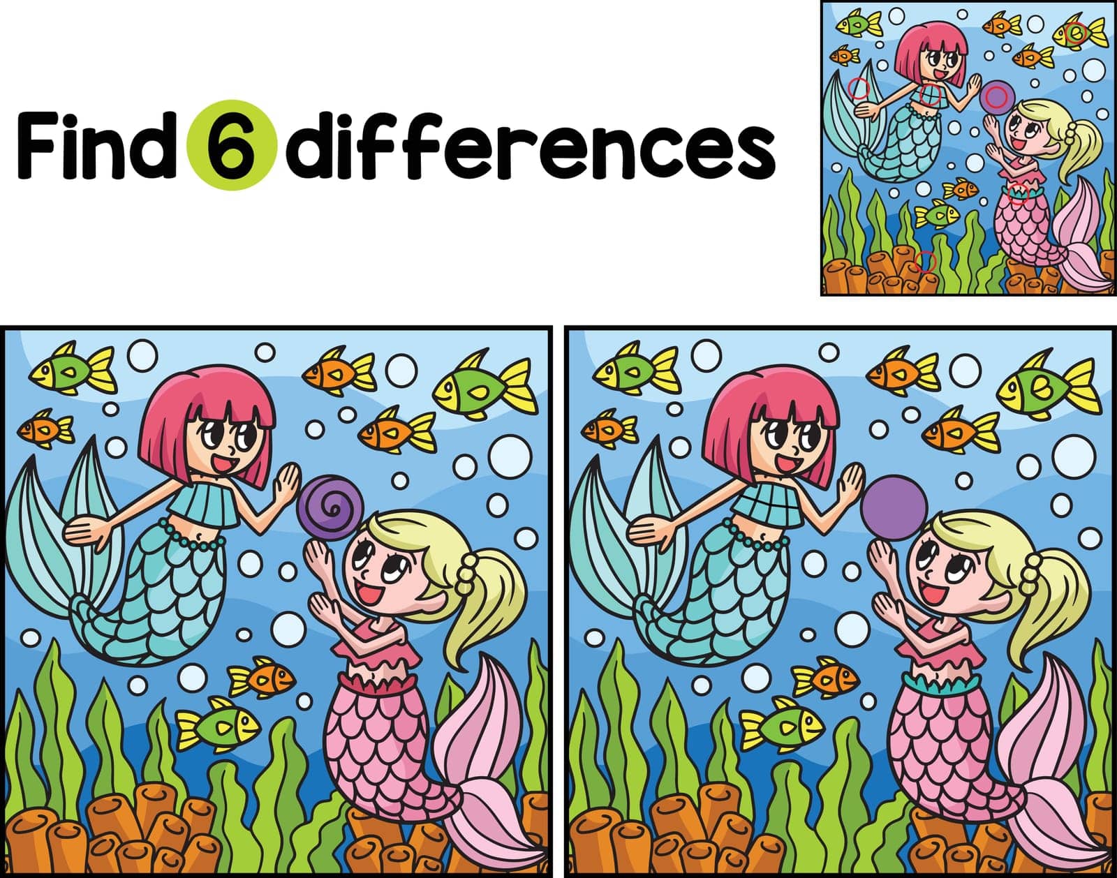 Find or spot the differences on this Playing Mermaid Kids activity page. It is a funny and educational puzzle-matching game for children.