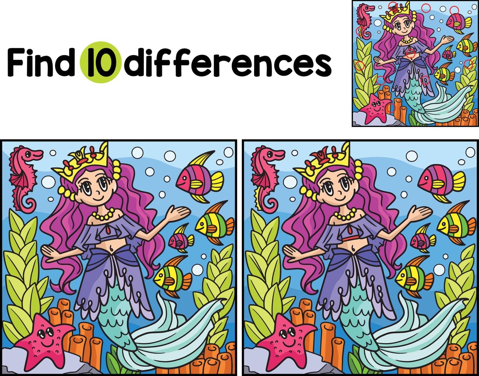 Find or spot the differences on this Mermaid Princess kids activity page. It is a funny and educational puzzle-matching game for children.