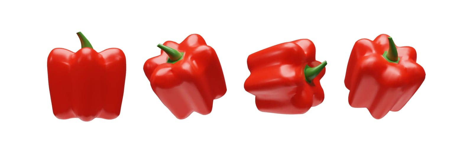 Set of 3D render red bell pepper. Realistic whole paprika. Tasty fresh ingredient for Asian, Mexican, Bulgarian food. Healthy organic vitamin vegetable. Vector illustration sweet object collection
