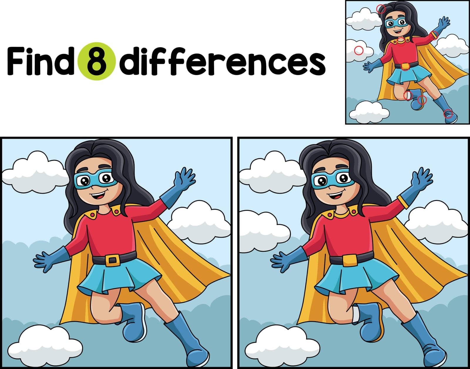 Find or spot the differences on this Superhero Girl Kids activity page. It is a funny and educational puzzle-matching game for children.