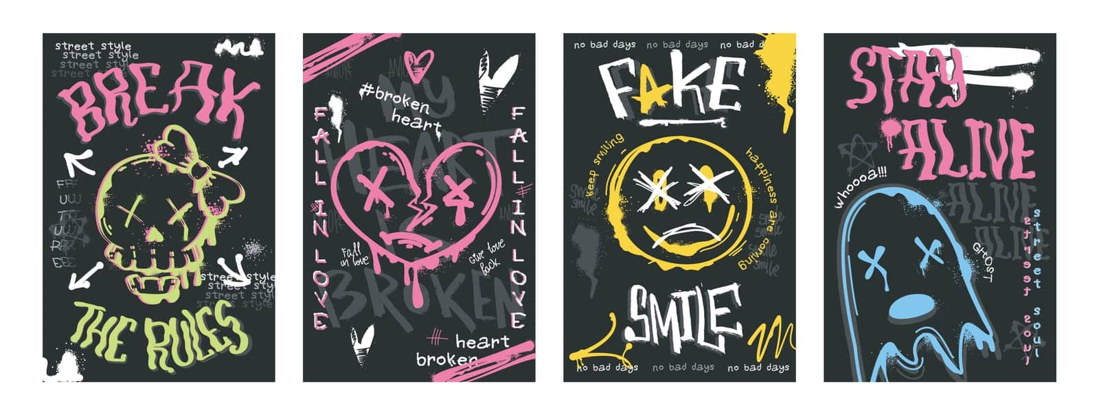 Set of graffiti poster with spray paint skull, heart sign, ghost and smiling face emoji. Street art covers of splashes, ink drip splatter, faces in hand drawing style on black background. Urban design