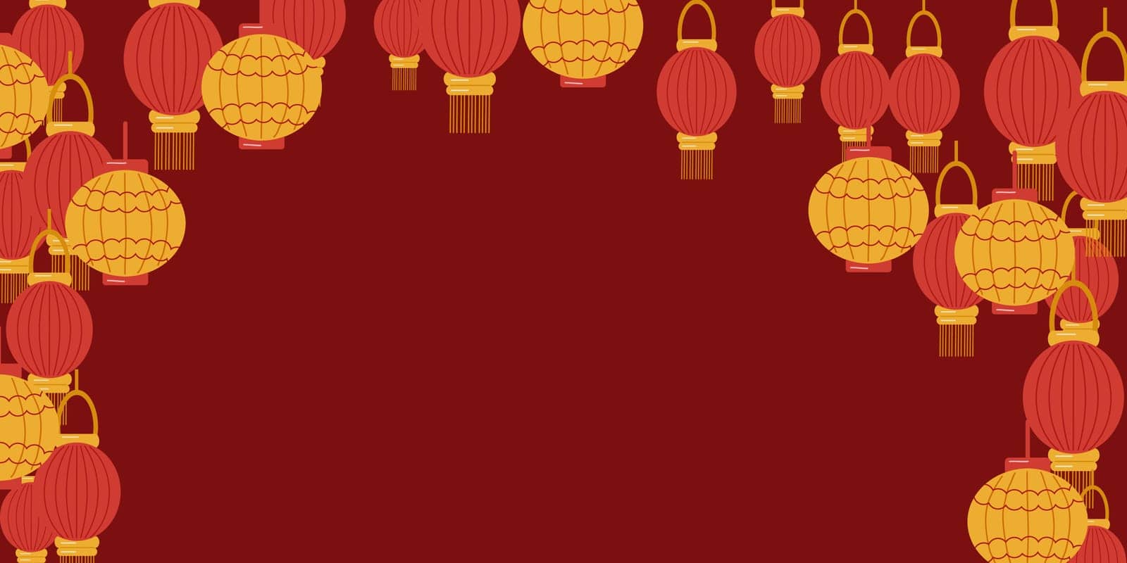 Background of Chinese lanterns. Yellow and red lanterns on a red background. Chinese New Year. Design website, banner, poster. Color vector illustration.