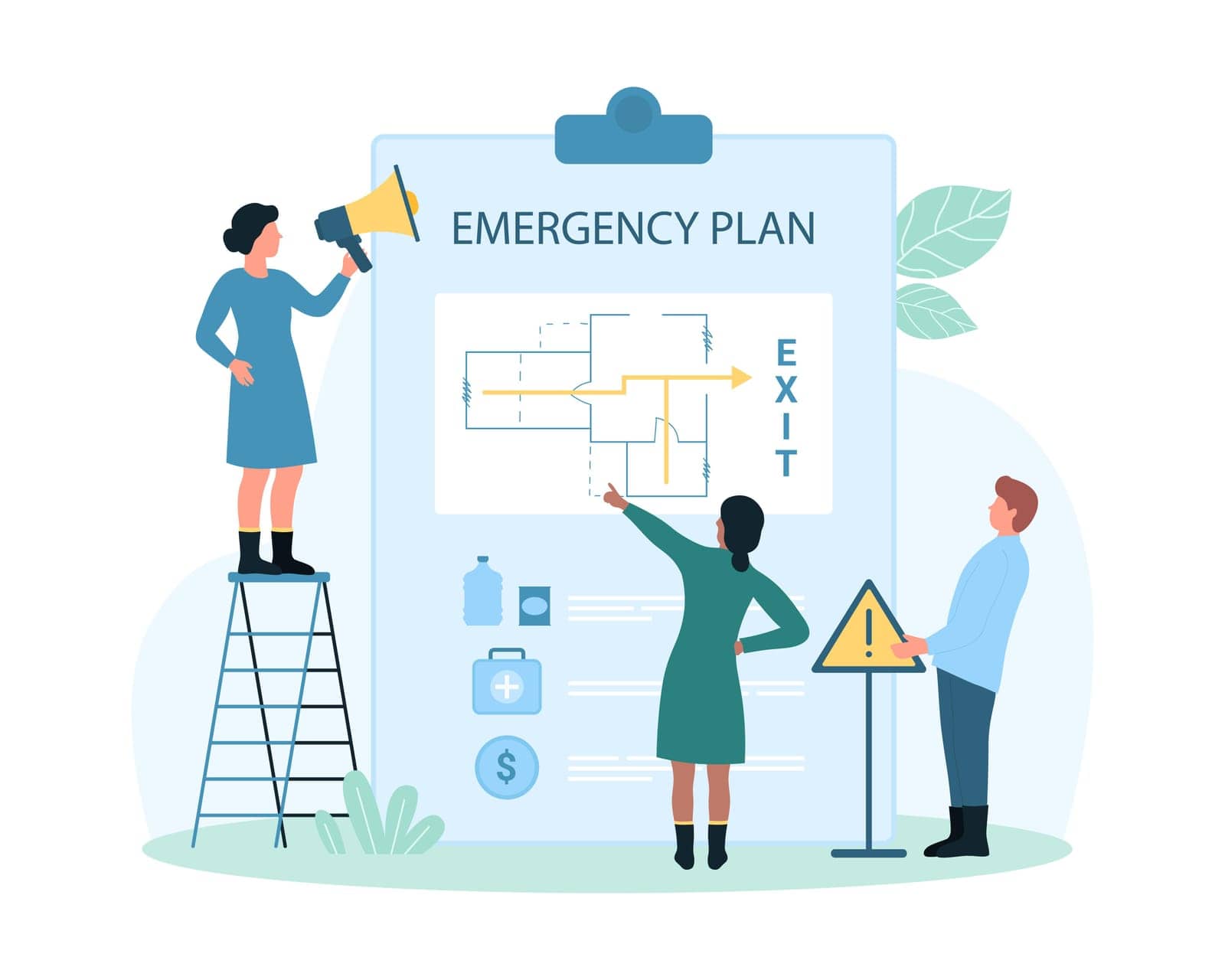 Procedure of evacuation, emergency map vector illustration. Cartoon tiny people with megaphone notice about safe exit from building in case of disasters and accidents with arrows on floor plan scheme