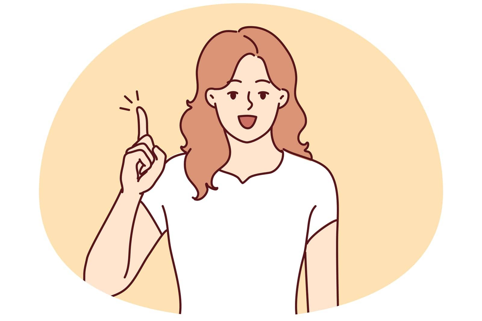 Smiling young woman hold finger up develop good idea. Happy motivated female generate issue solve problem. Vector illustration.