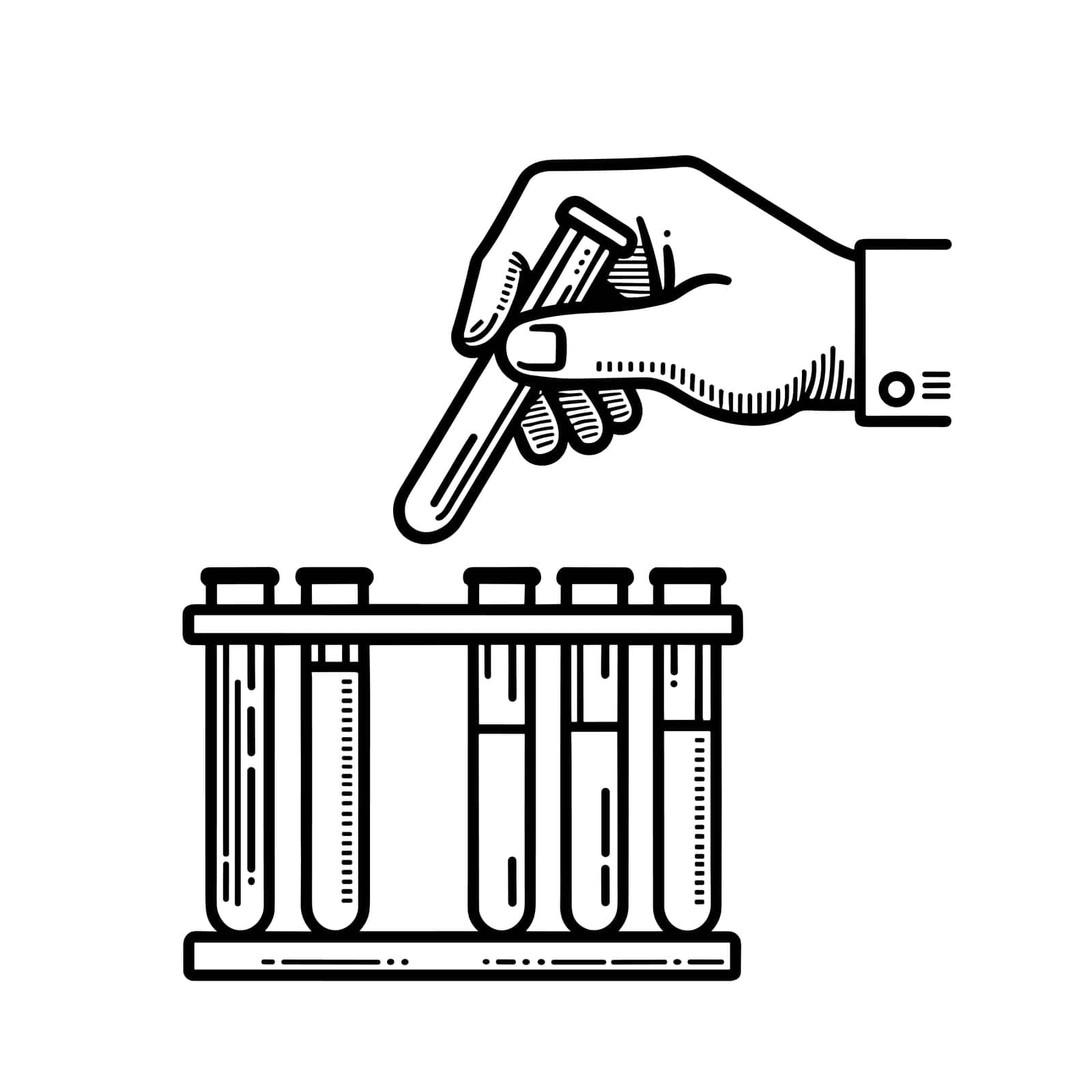 A hand holds a test tube. Black outline icon of a hand taking one test tube from a rack full of test tubes. Vector illustration