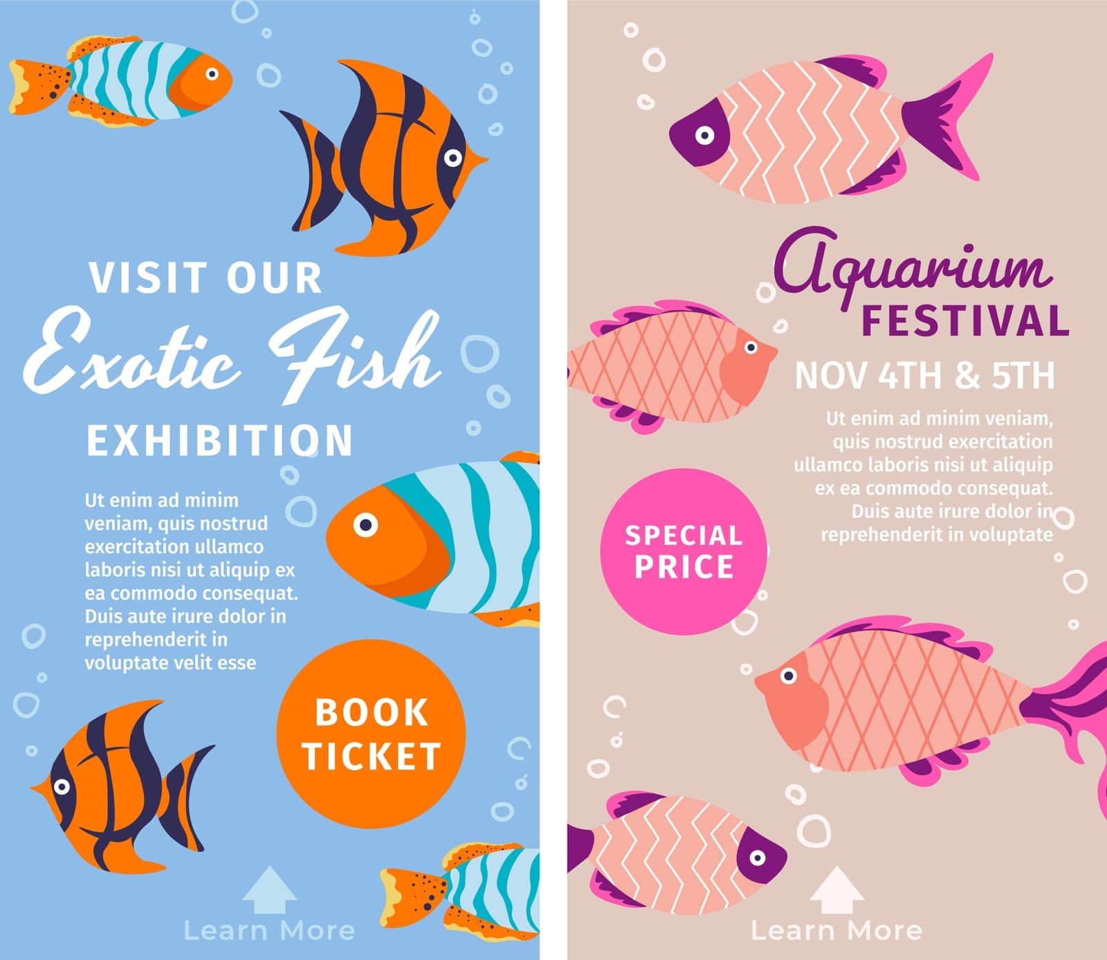Festival aquariums. Order tickets at special price, and visit exhibition. Various types of reef and marine, freshwater exotic fish species. Promotional banner or advertisement, vector in flat style