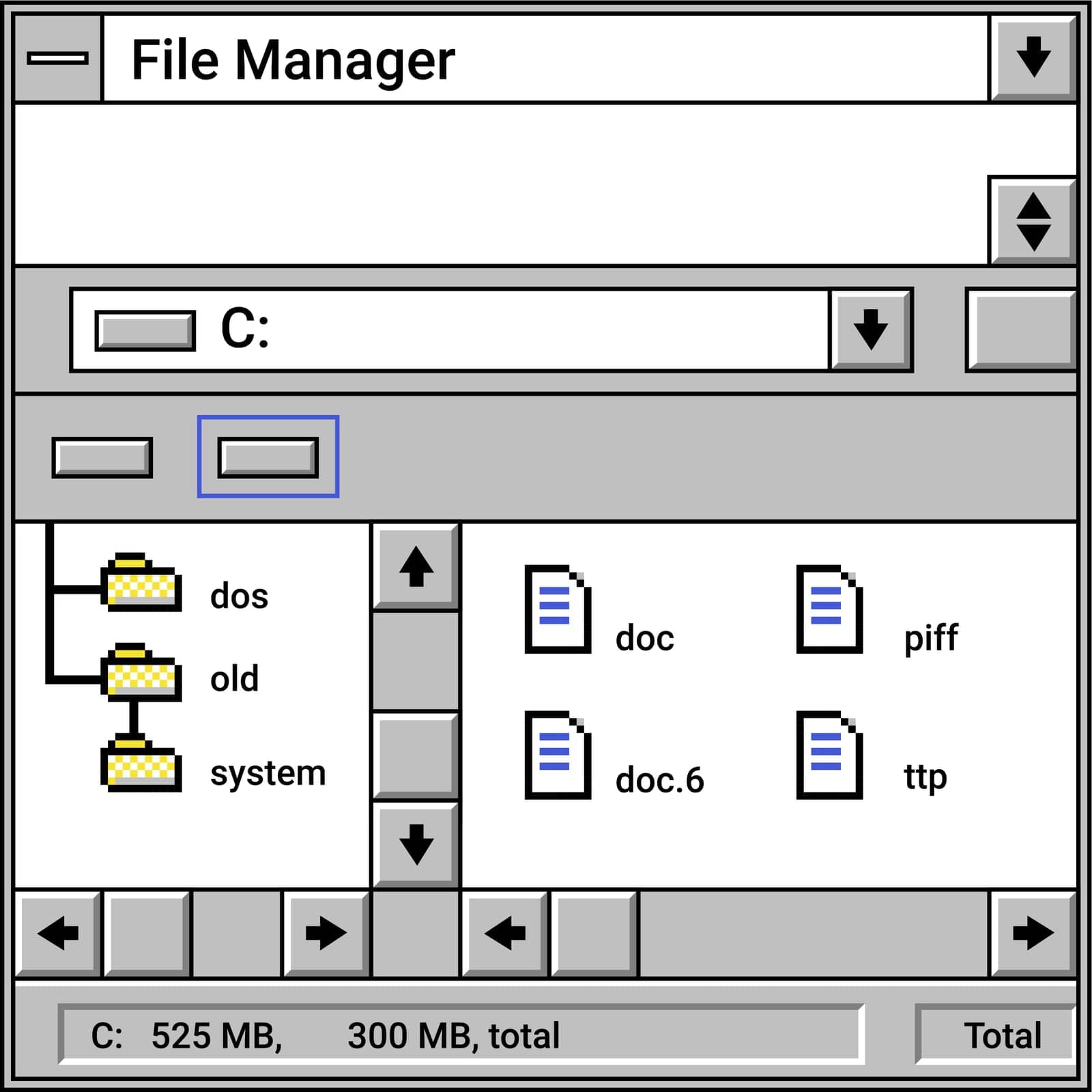 File manager with documents and files, isolated window with icons and information about size and memory space on disk. Old operation system on personal computer or laptop. Vector in flat style