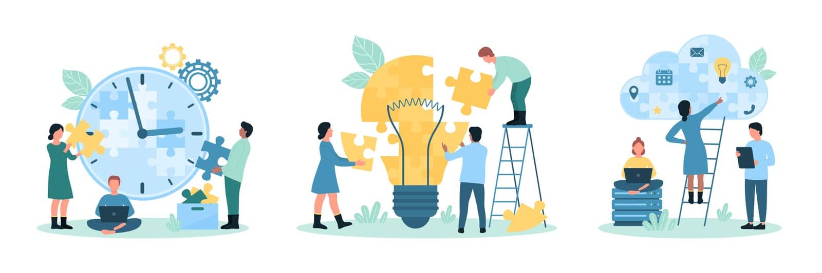 Business development strategy set vector illustration. Cartoon tiny people build light bulb and clock with puzzle pieces, inventors develop digital project with cloud service, database and software