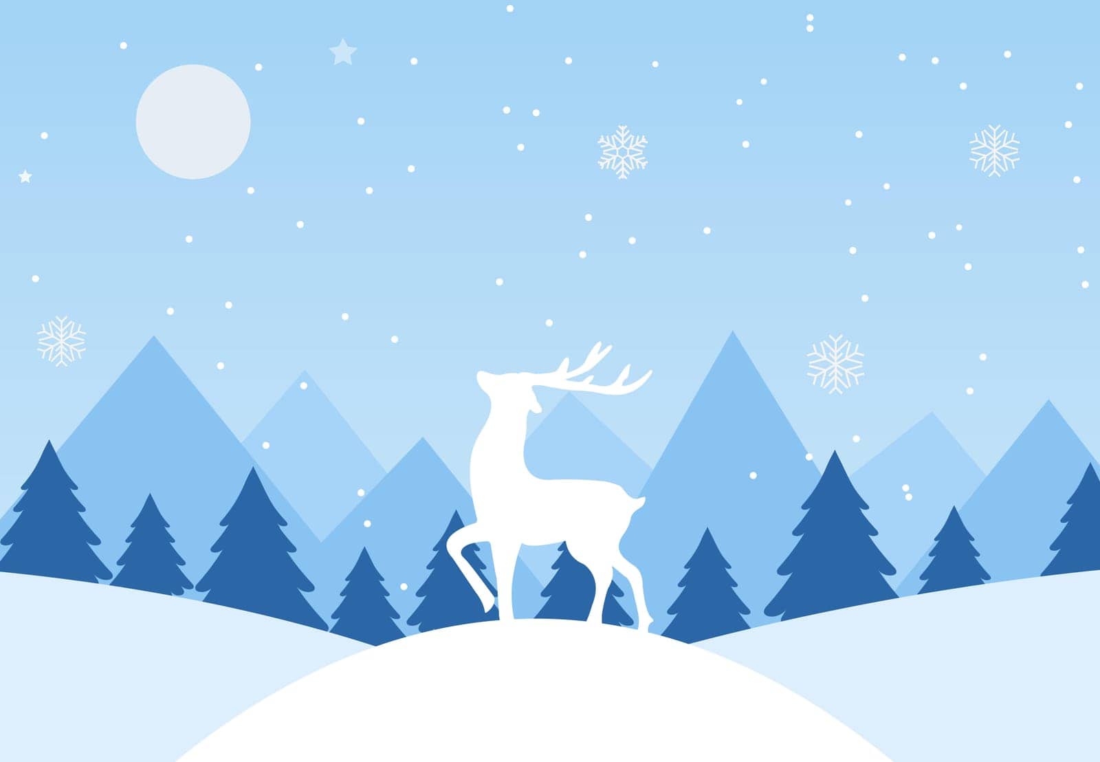 Winter landscape with mountains, forest, snowdrifts and deer. Winter greeting card. Vector