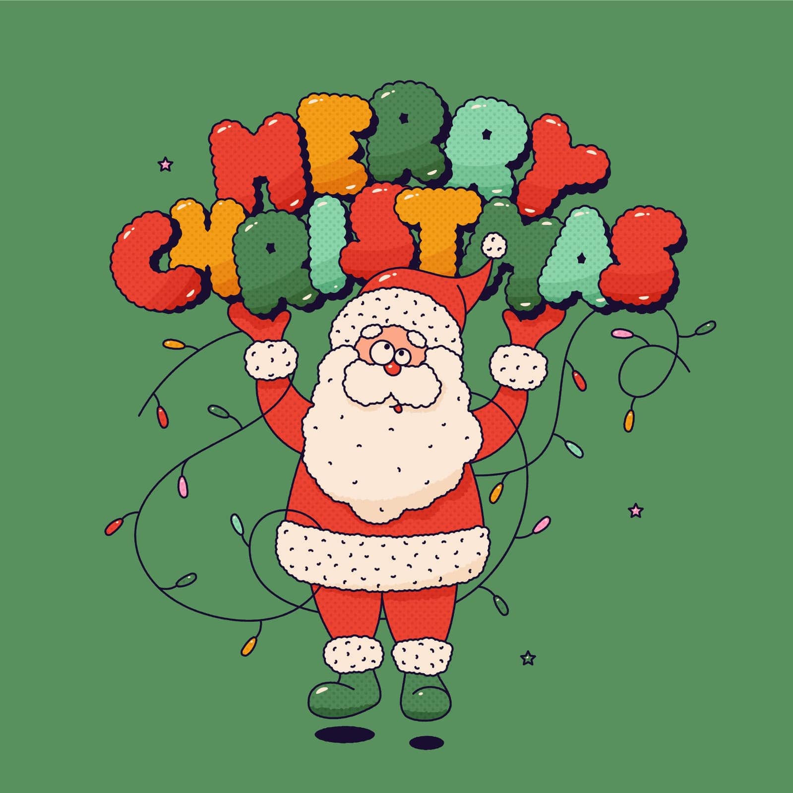 Groovy mascot Santa Claus character with letters Merry Christmas and garland. Imaginary old man with long, white hair, beard and red coat.