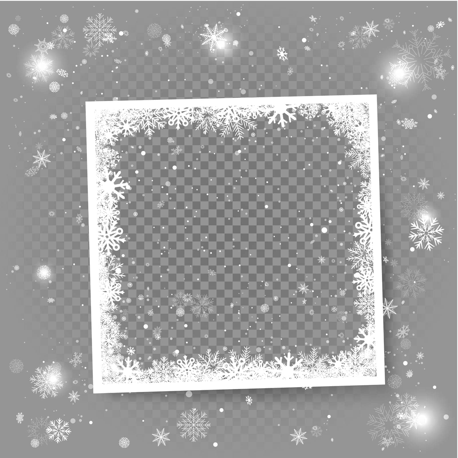 Christmas winter photo frame template with snow and shadow. Winter Holiday snowfall season snapshot background. Seasonal picture decoration backdrop