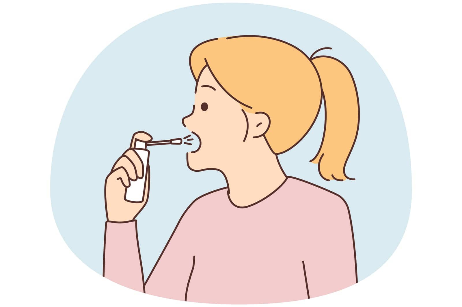 Unhealthy woman spraying throat with medication. Unwell sick girl use medical spray from sore throat. Medicine and healthcare. Vector illustration.