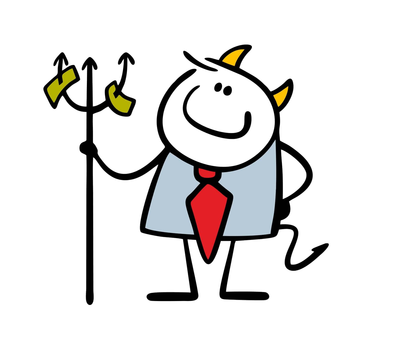 Satisfied businessman with horns and tail holds trident with cash dollar strung on spike and lures into financial hell. Vector illustration of concept of lending in bank. Isolated on white background.