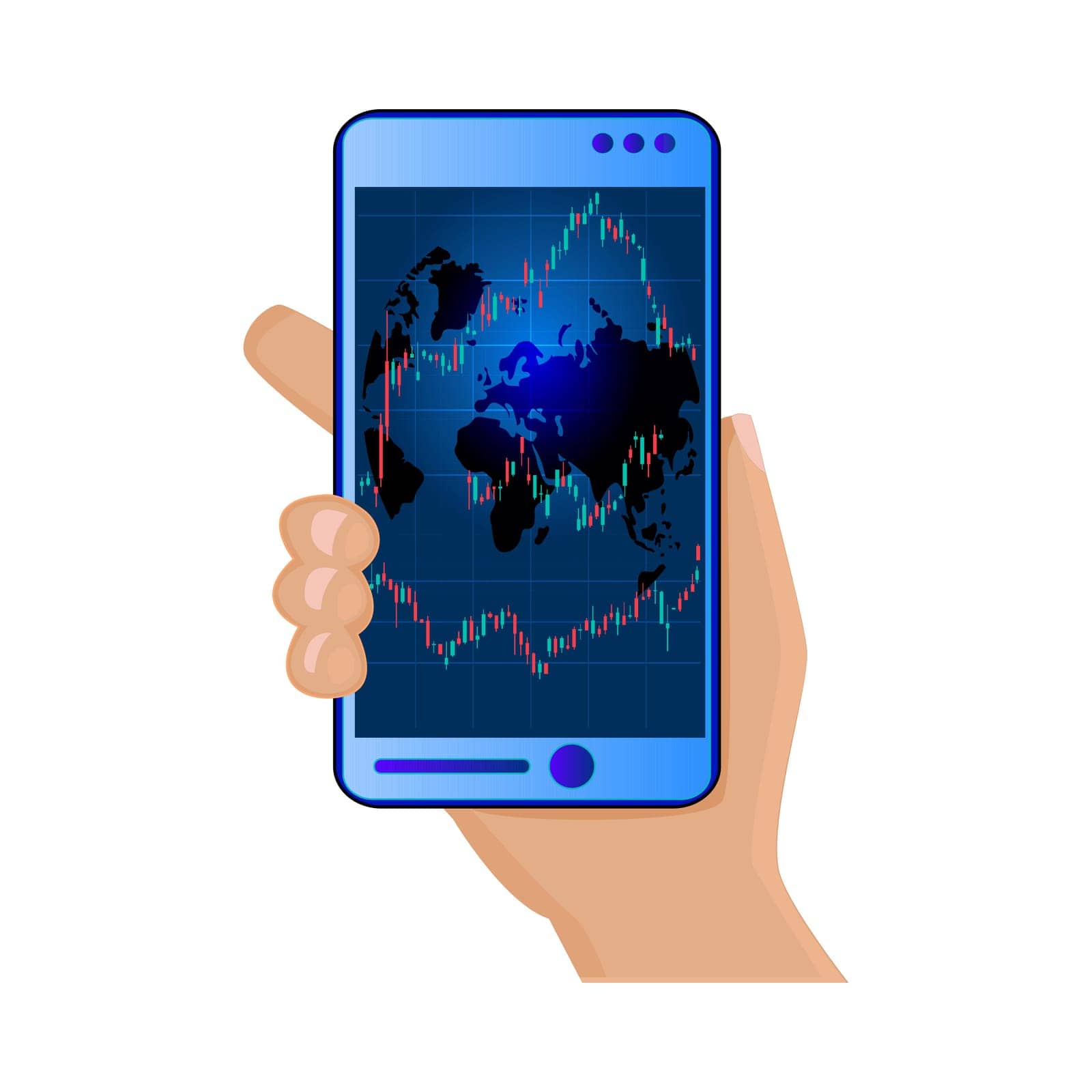 Hand holds phone with candle stock market chart isolated on white background. by KajaNi